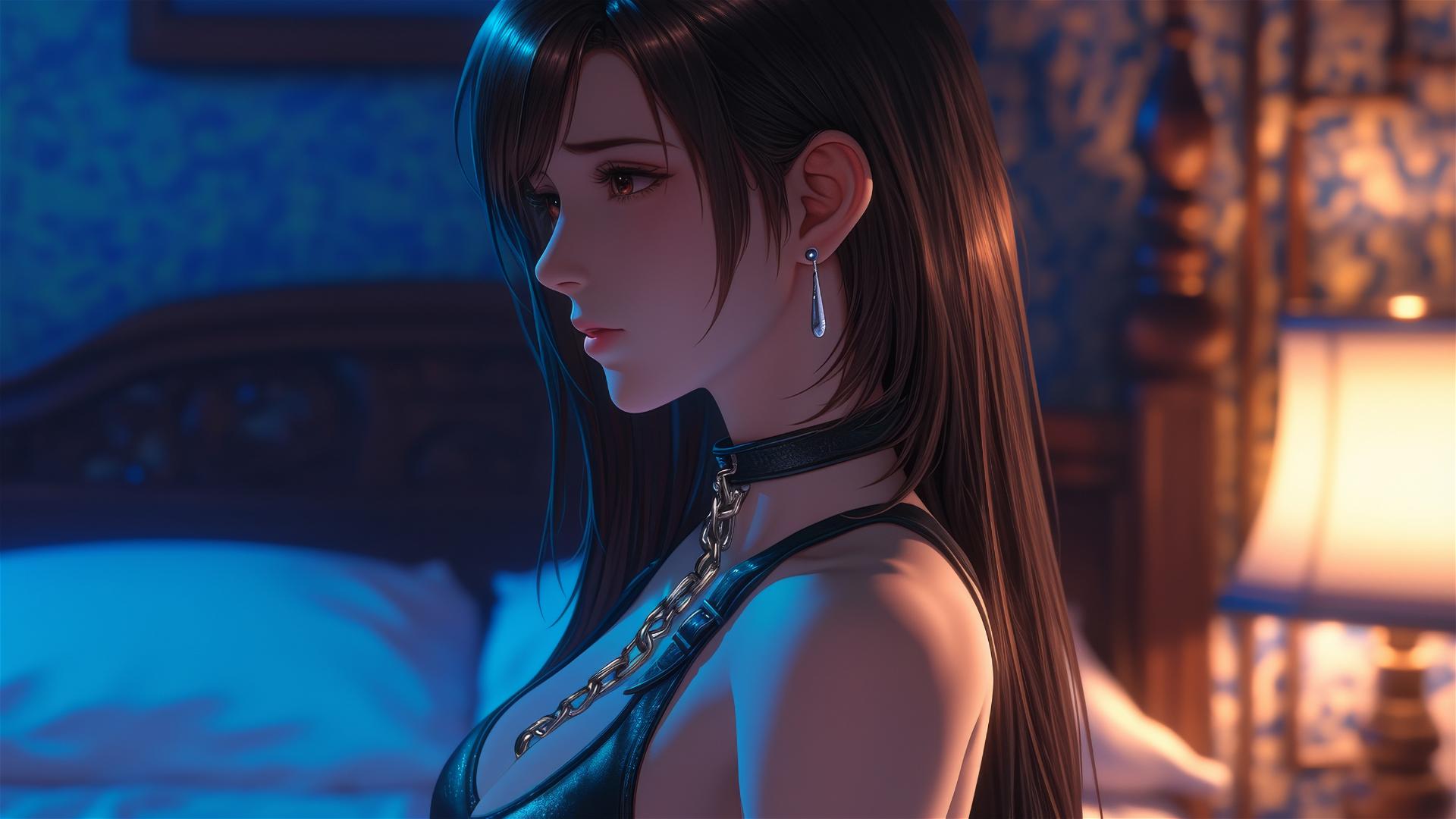 Tifa Lockhart from Final Fantasy in modern hotel room with neck locked by thick iron chains.
