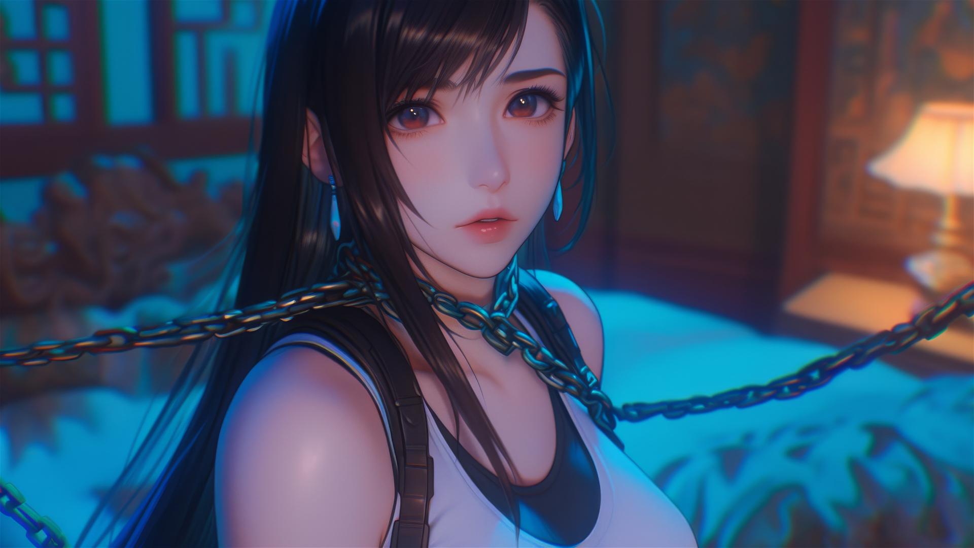 High angle of Tifa Lockhart with neck locked by thick iron chains, in a modern hotel room