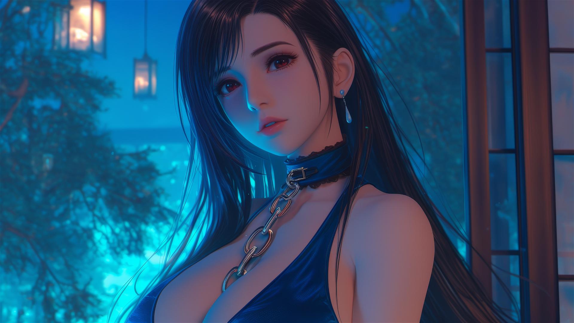 Tifa Lockhart from Final Fantasy with neck locked in iron chains in a modern hotel room.