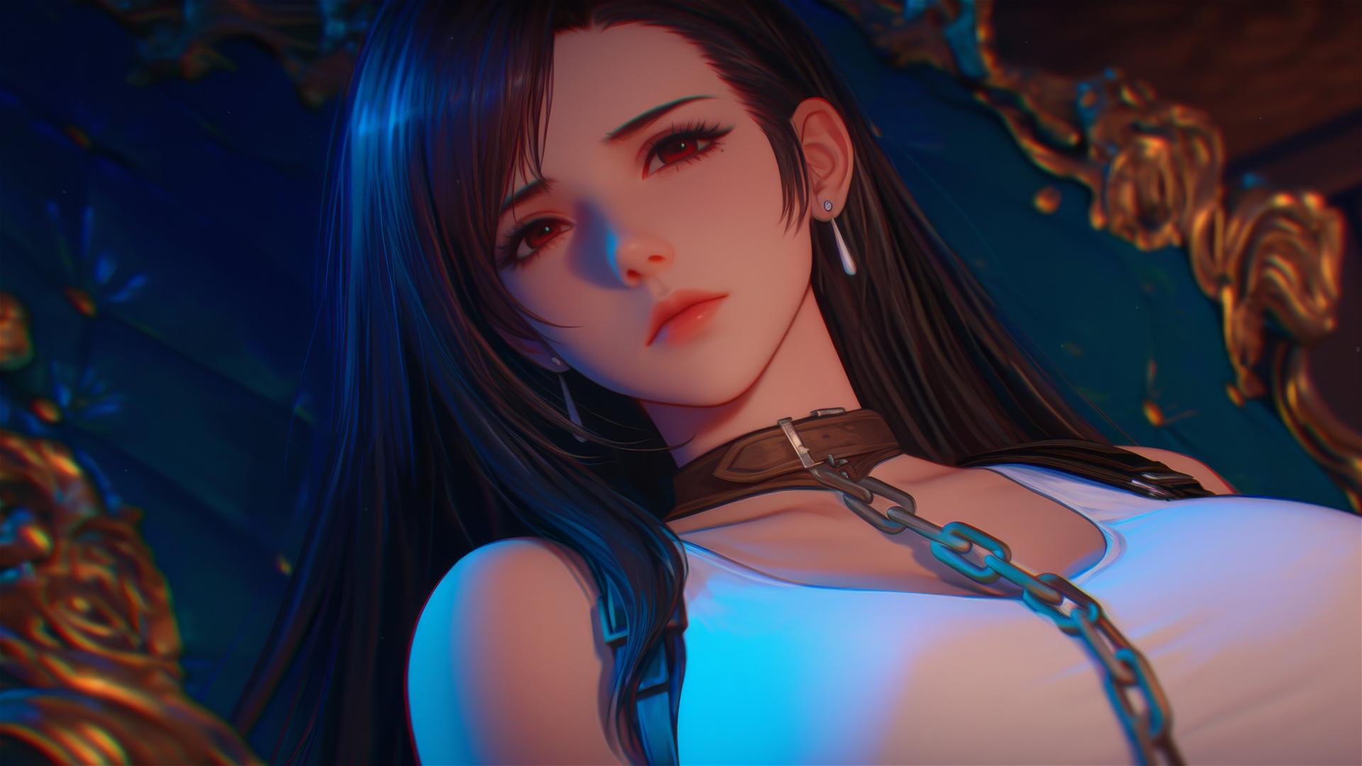 Tifa Lockhart in chains with warm light in a modern hotel room