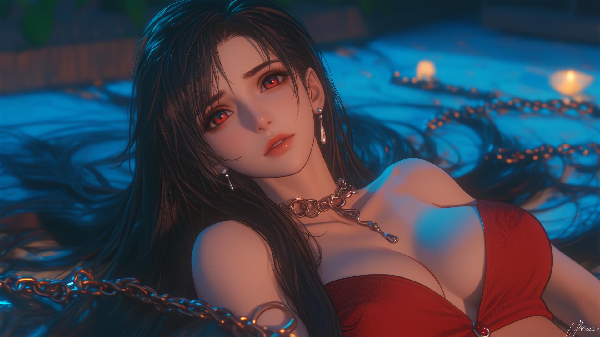 Tifa Lockhart in red outfit with iron chains around her neck, warm glow