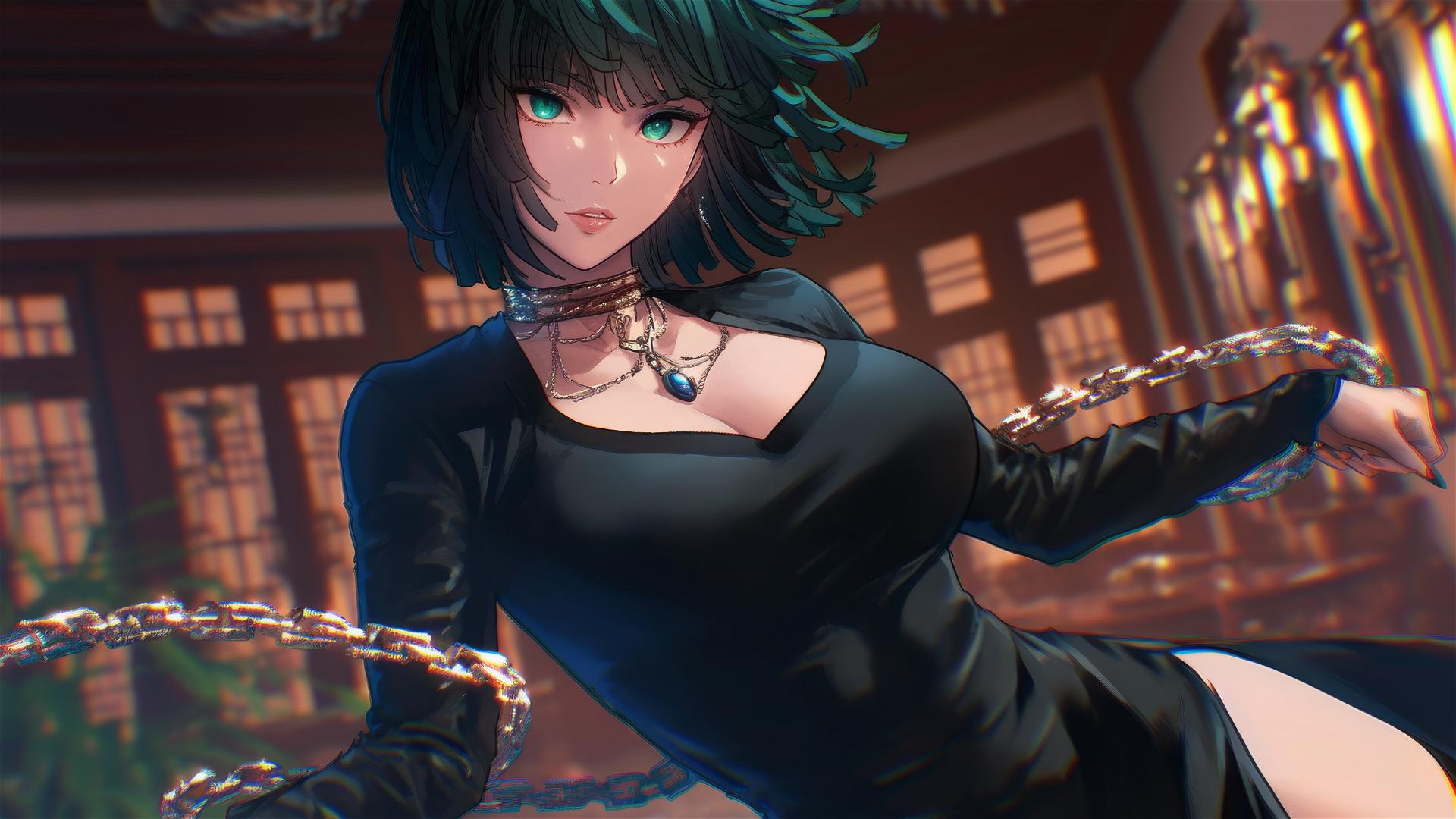 Fubuki from One Punch Man chained in a modern neon-lit hotel room