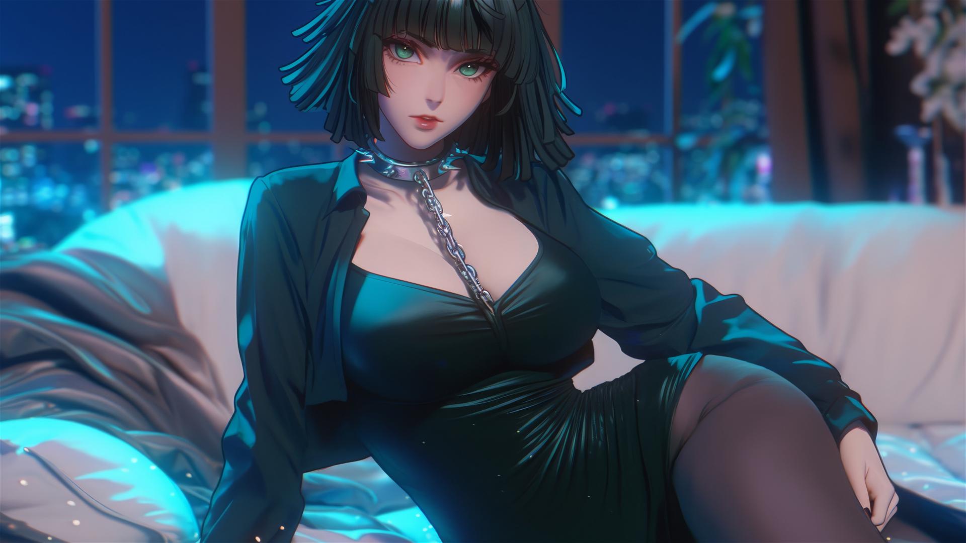 Fubuki from One Punch Man dressed as a cat girl, chained, in a neon-lit hotel room.
