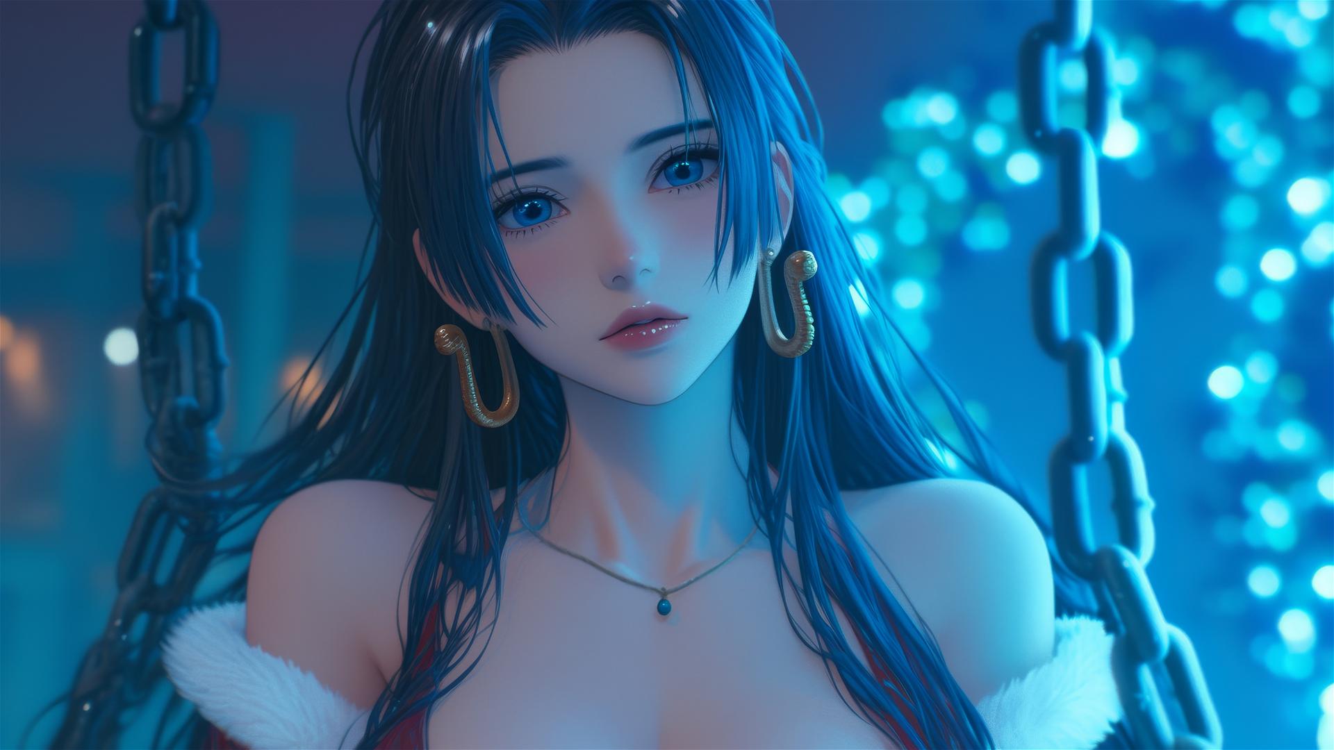 Boa Hancock in Christmas costume, chained in a neon-lit hotel room