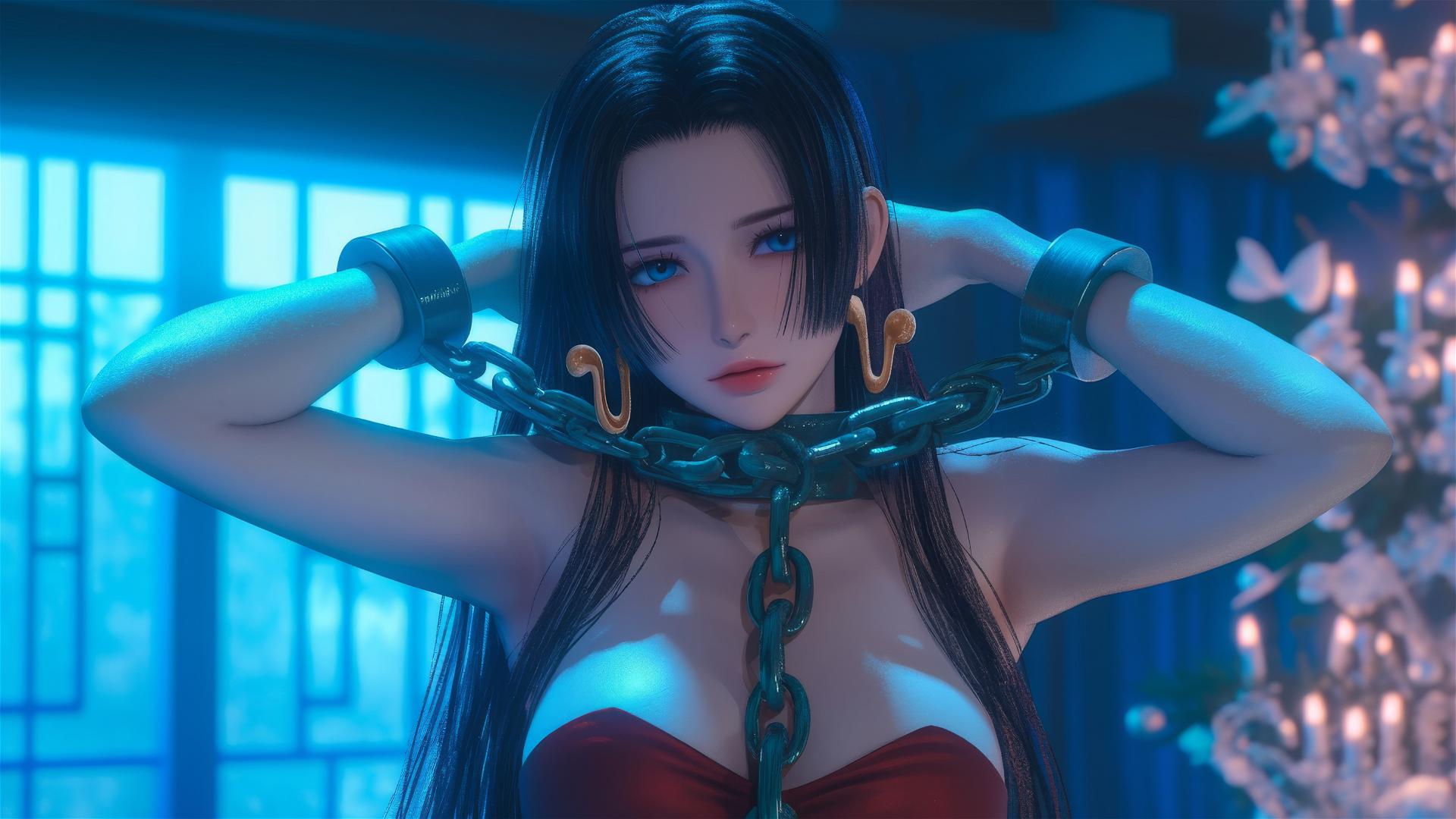 Boa Hancock from One Piece in Christmas costume, chained, neon-lit modern hotel room.