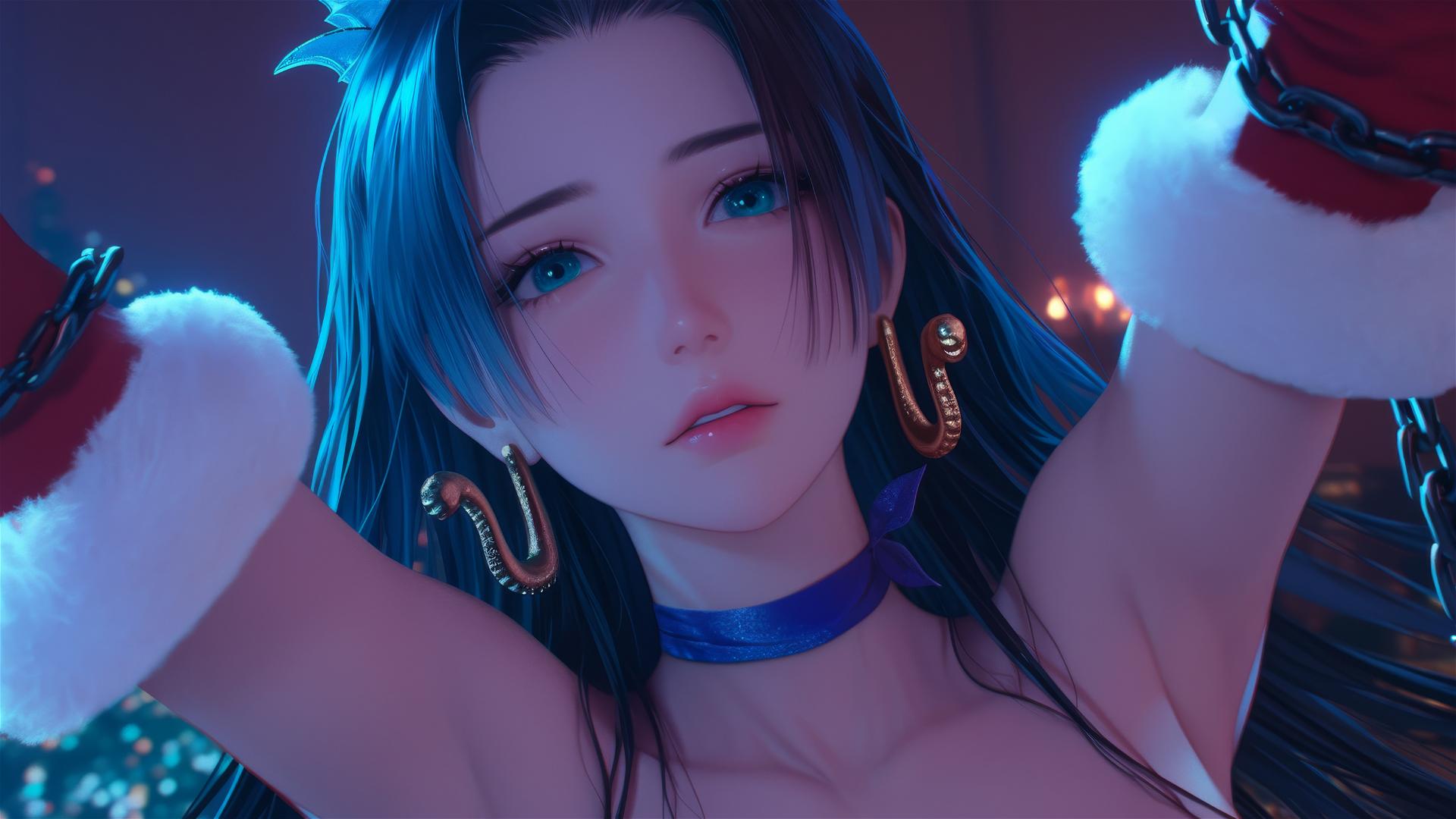 Boa Hancock in Christmas costume, chained, in neon-lit hotel room