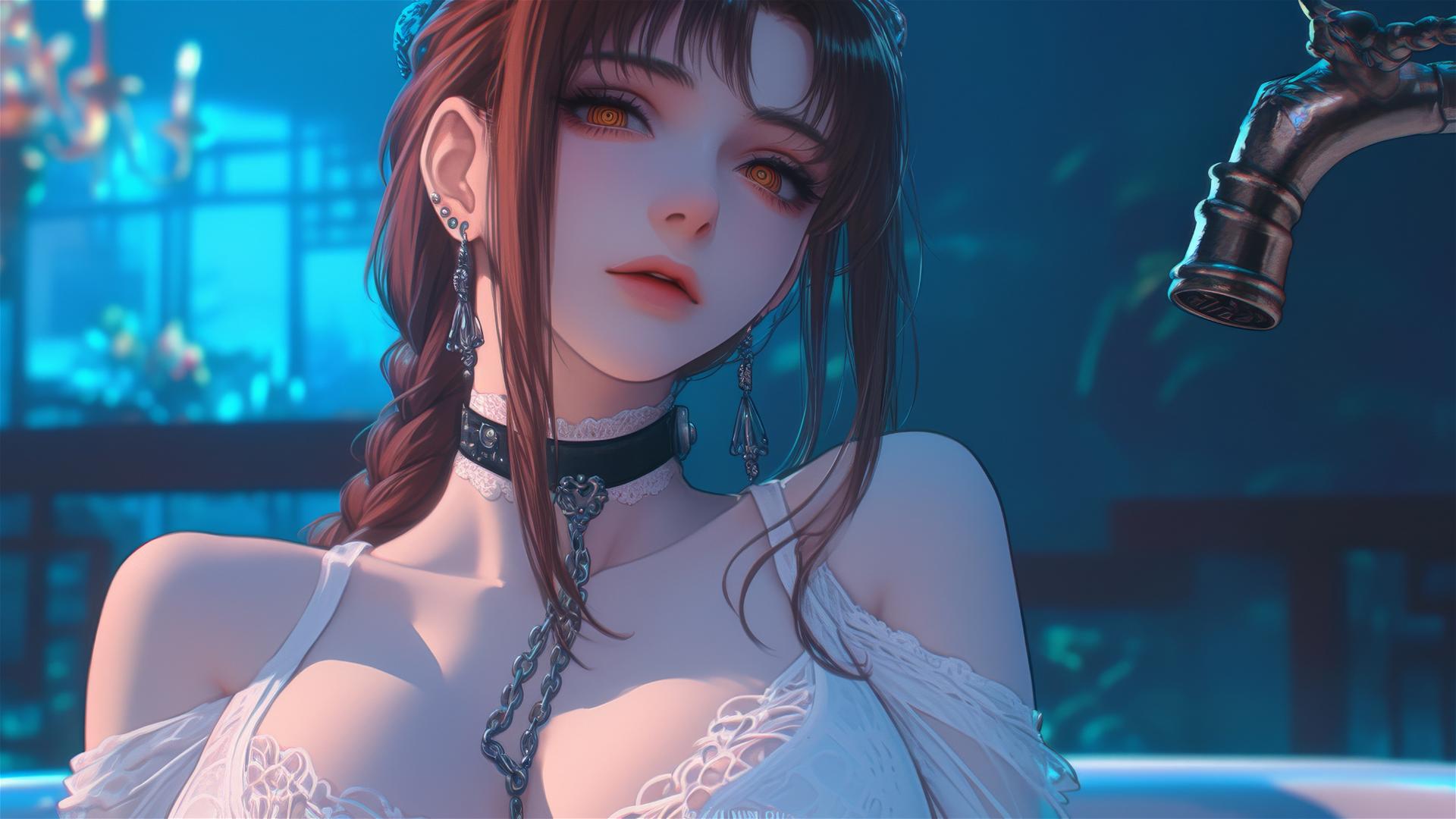 Makima from Chainsaw Man relaxing in bathtub under moonlight, chained by the neck.