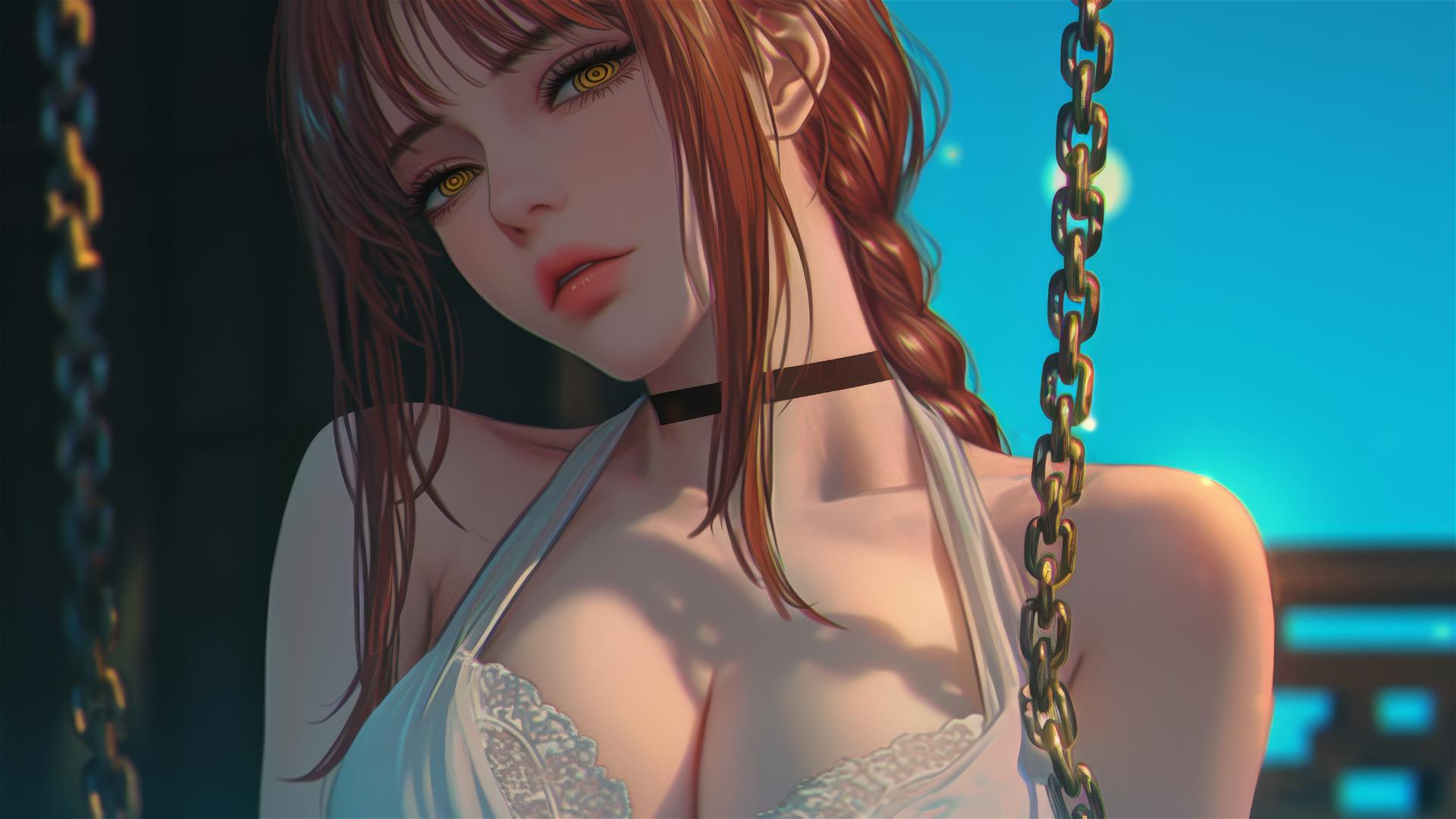 Makima from Chainsaw Man, neck locked with iron chains, resting in a tub with moonlight glow.