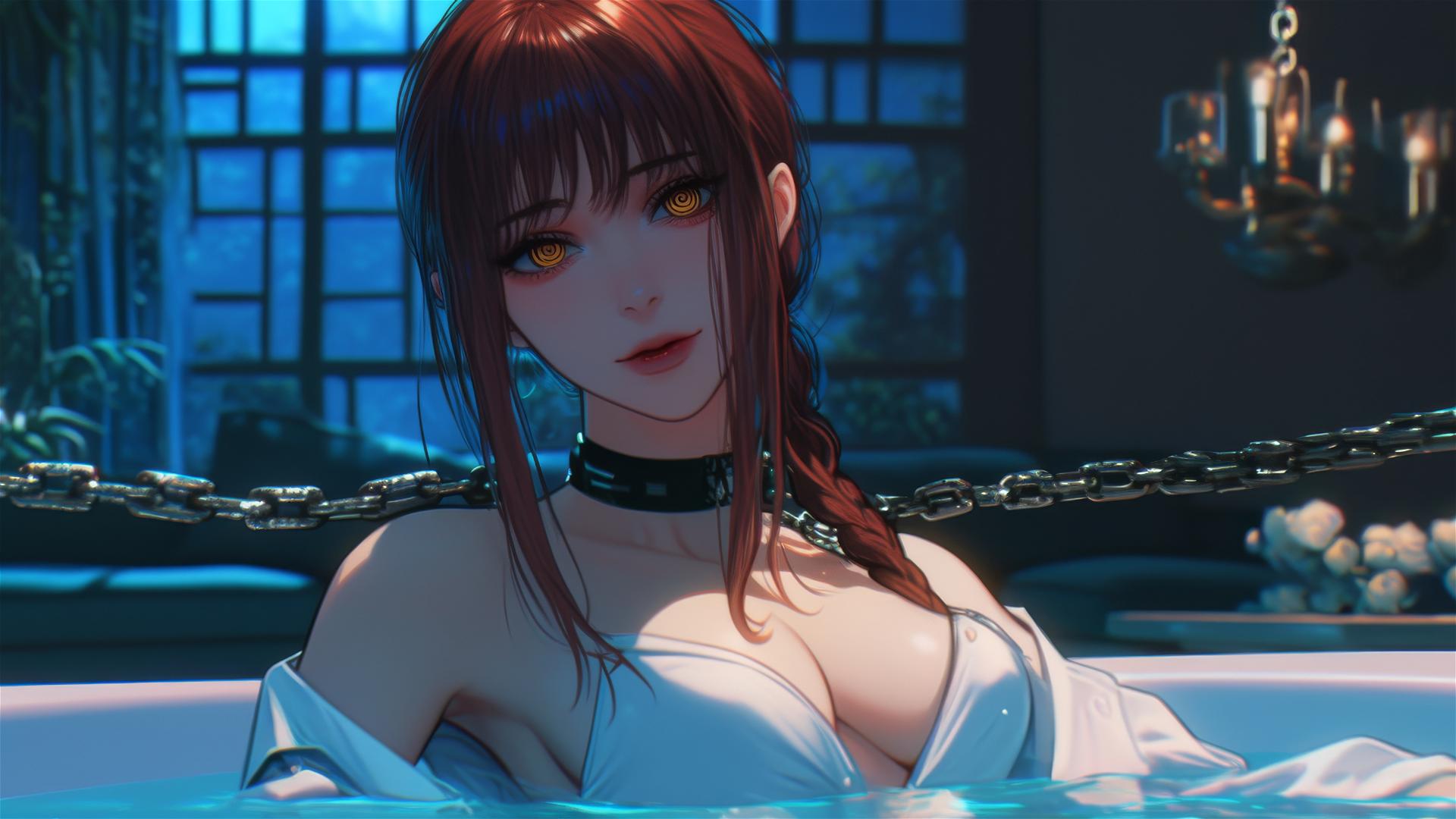 Makima from Chainsaw Man resting in a tub, chained, under moonlight.