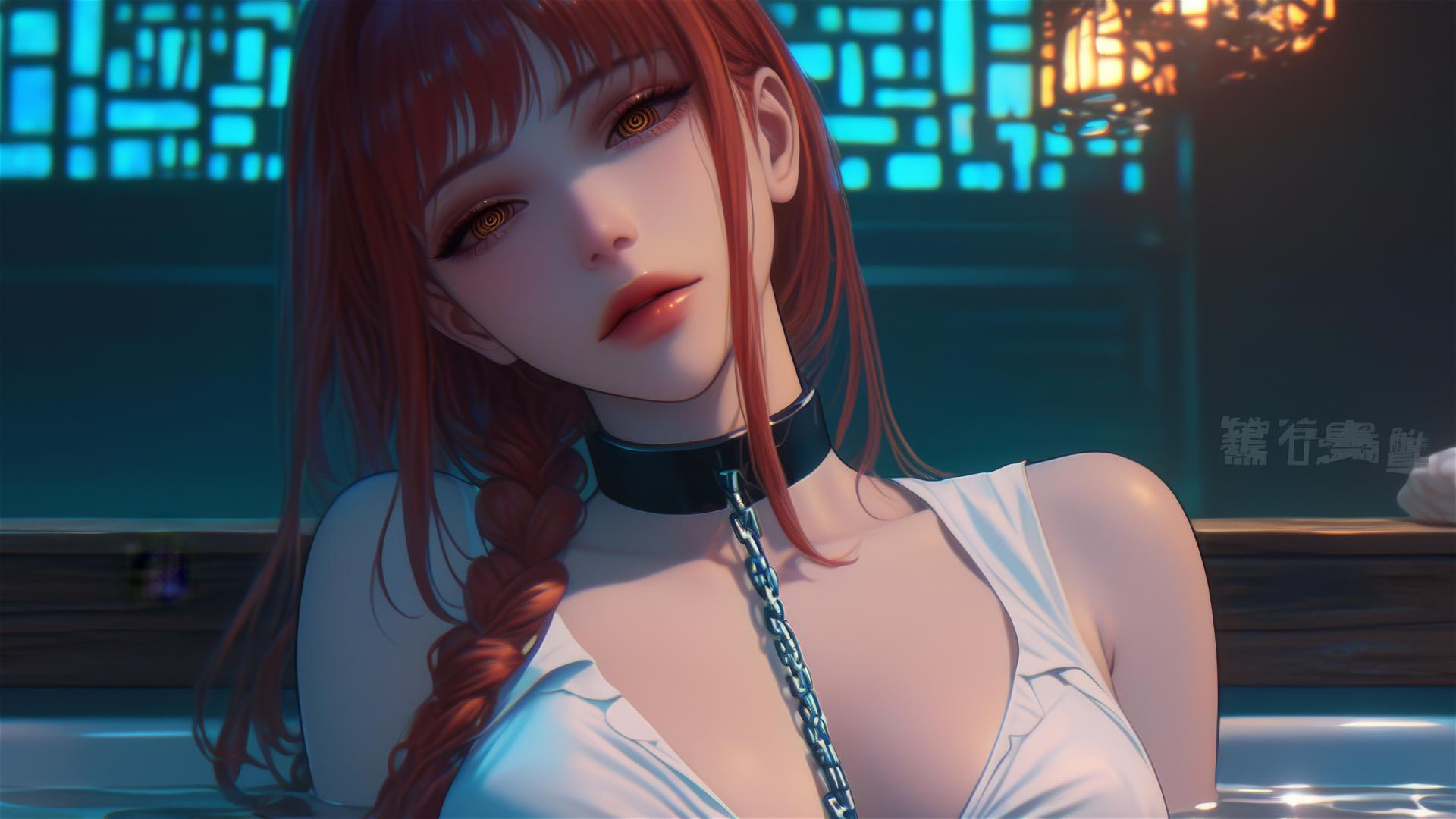 Makima from Chainsaw Man, neck locked with thick iron chains, resting in a tub with moonlight glow.