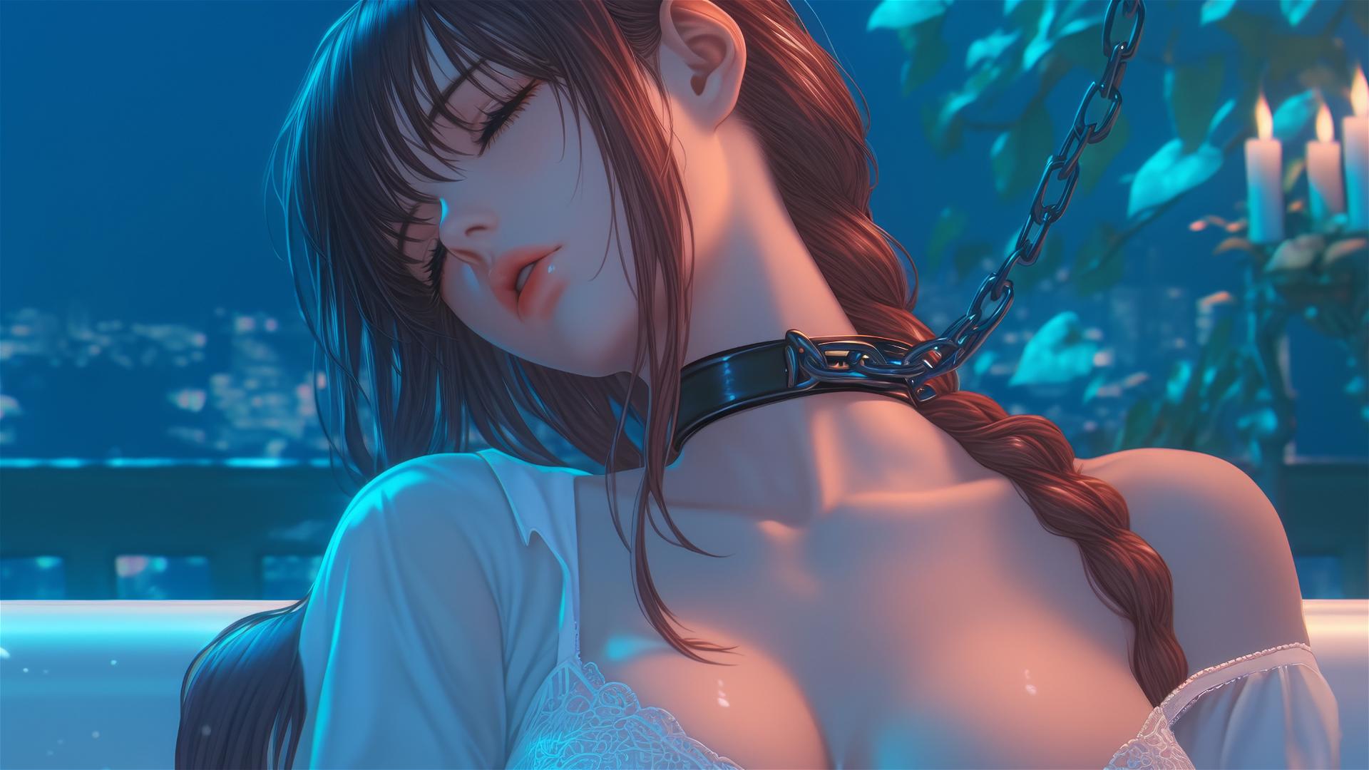 Makima from Chainsaw Man chained, resting in tub under moonlight