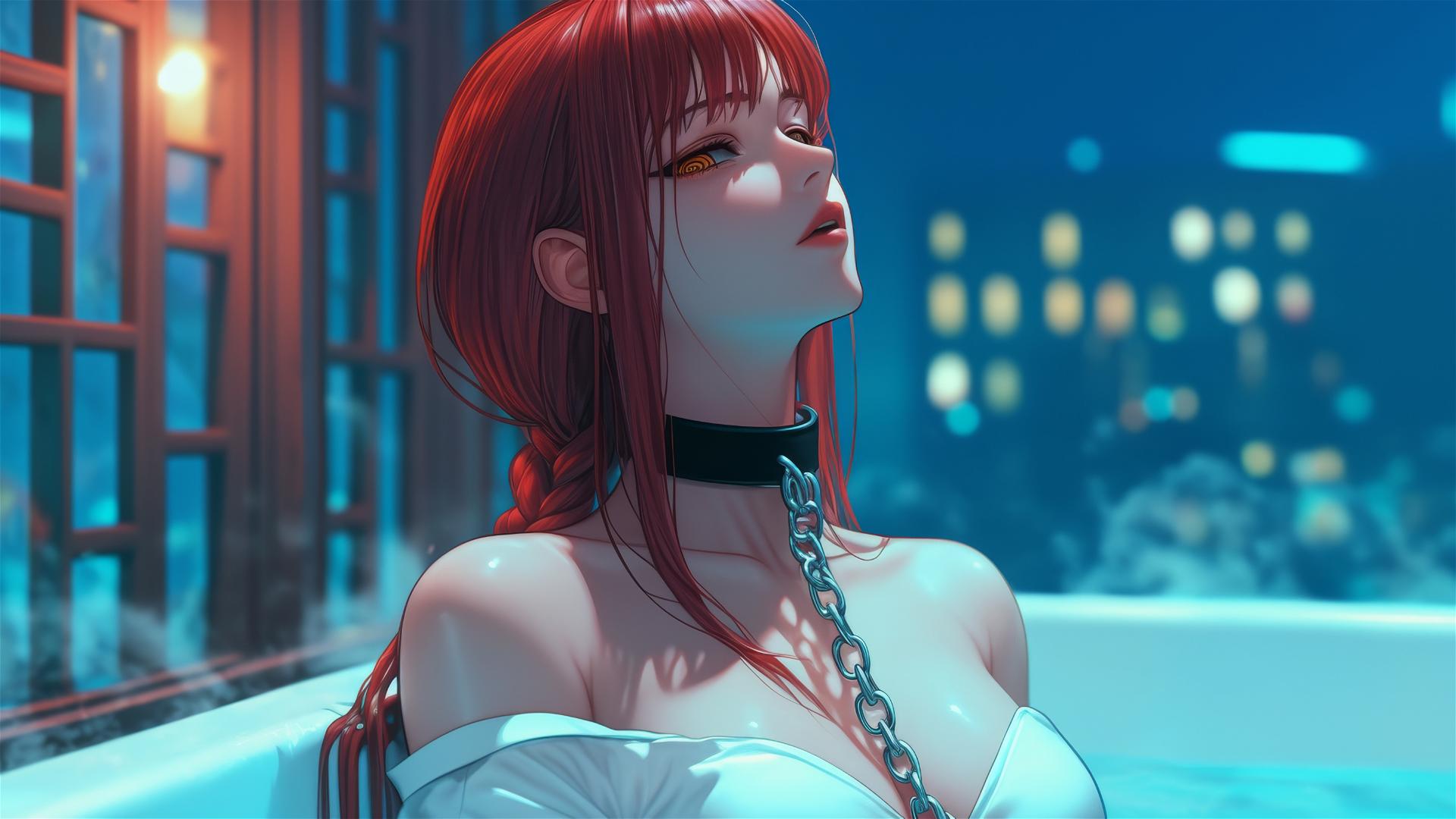 Makima from Chainsaw Man, chained, resting in a tub with moonlight glow.