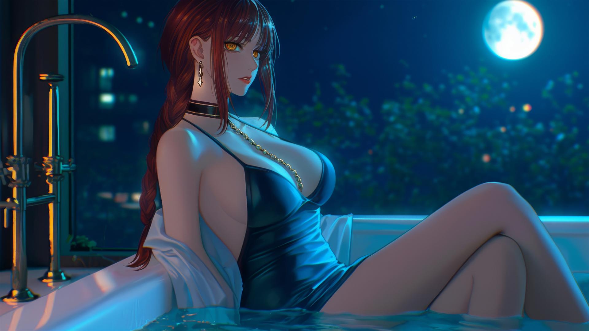 Makima from Chainsaw Man in a tub with iron chains, moonlight glow.