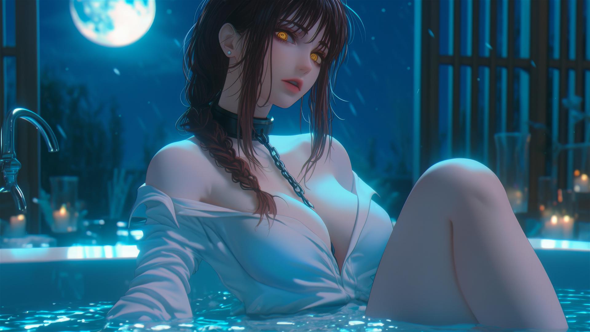 Makima from Chainsaw Man, neck locked with iron chains, resting in a tub under moonlight