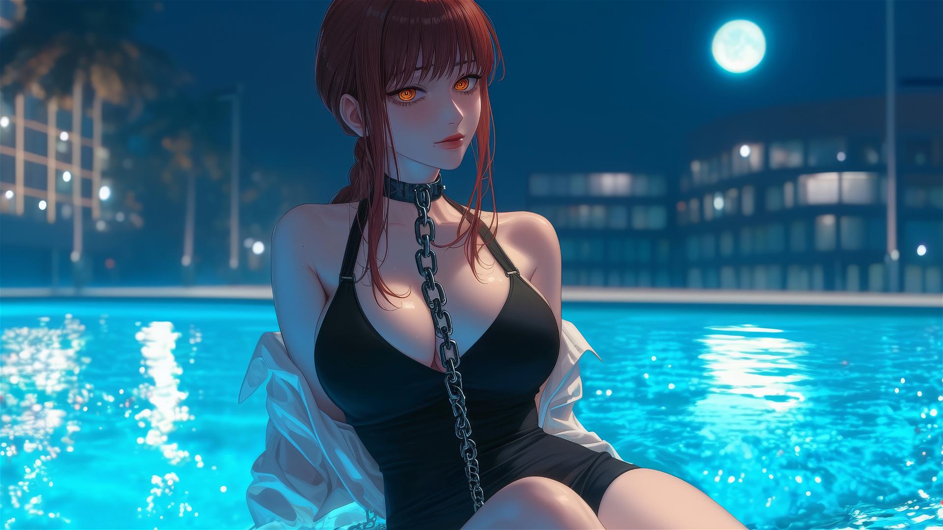 Makima from Chainsaw Man with neck locked in thick iron chains, resting at modern hotel, moonlight glow