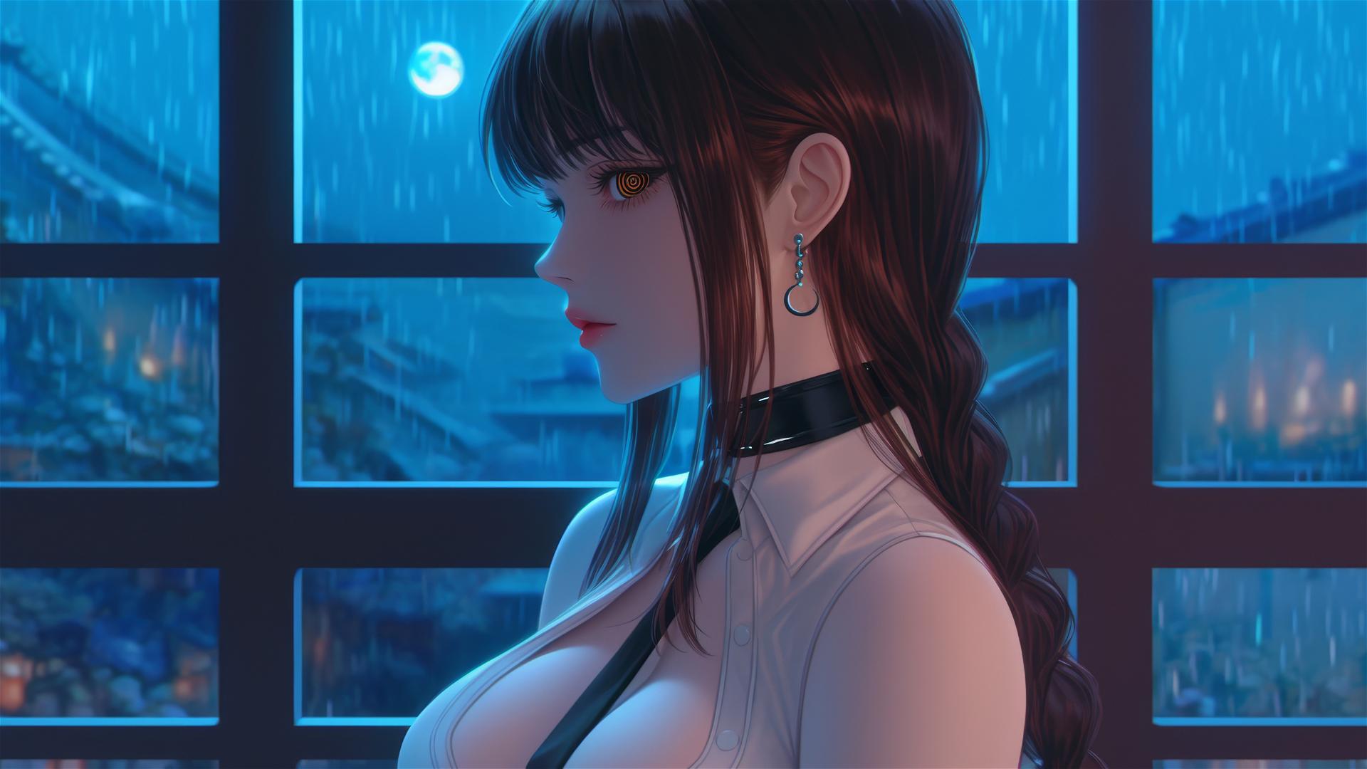 Makima from Chainsaw Man, neck locked with chains, resting in a modern hotel under moonlight.