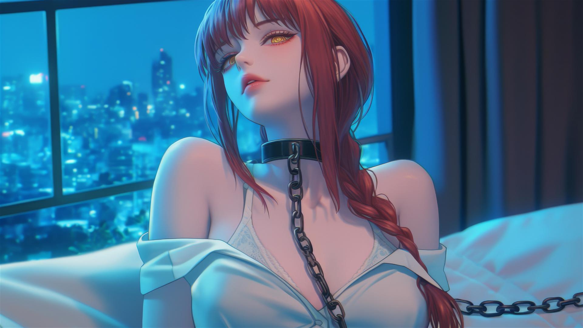 Makima from Chainsaw Man chained in a modern hotel room, bathed in moonlight.