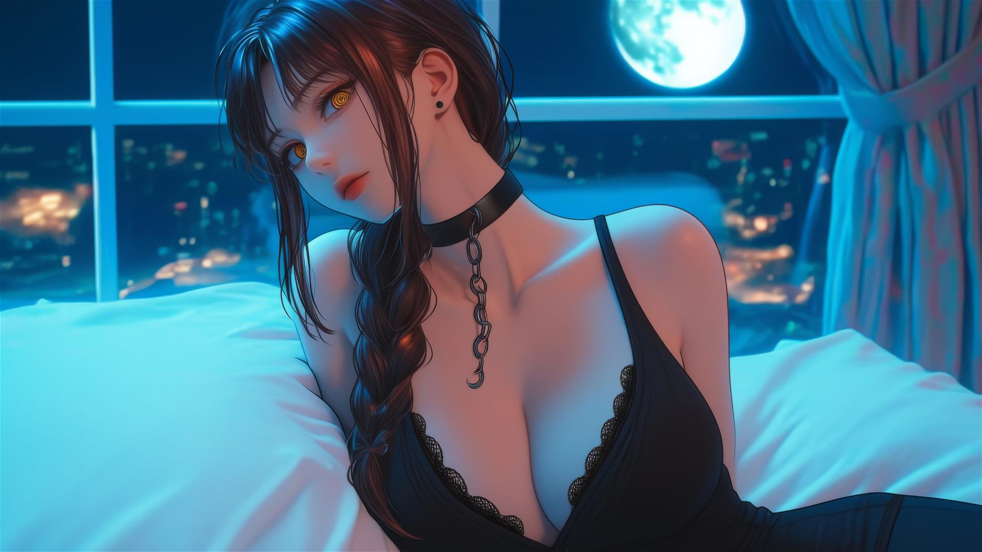 Makima from Chainsaw Man, chained, resting in a modern hotel room, moonlit.