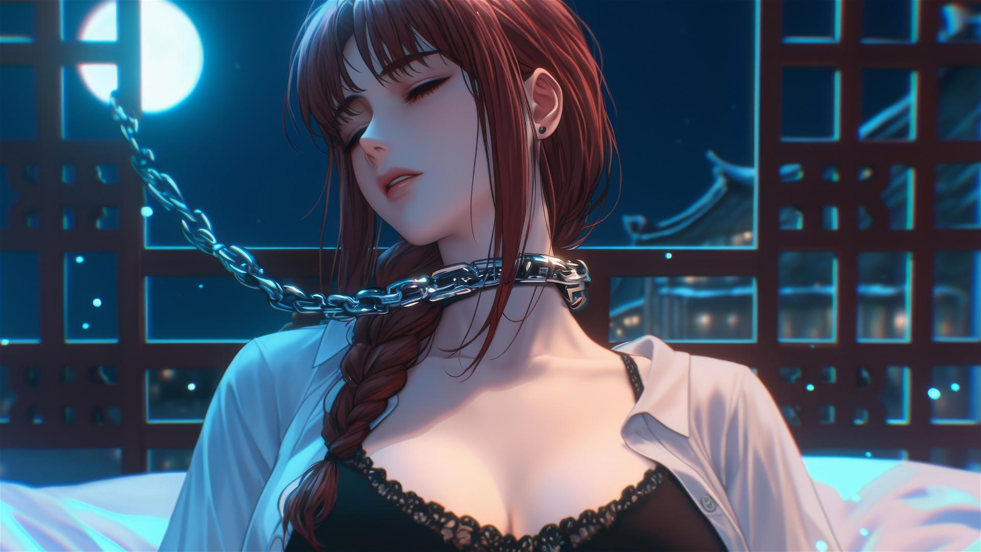 Makima from Chainsaw Man chained by neck, resting in a modern hotel room with moonlight glow