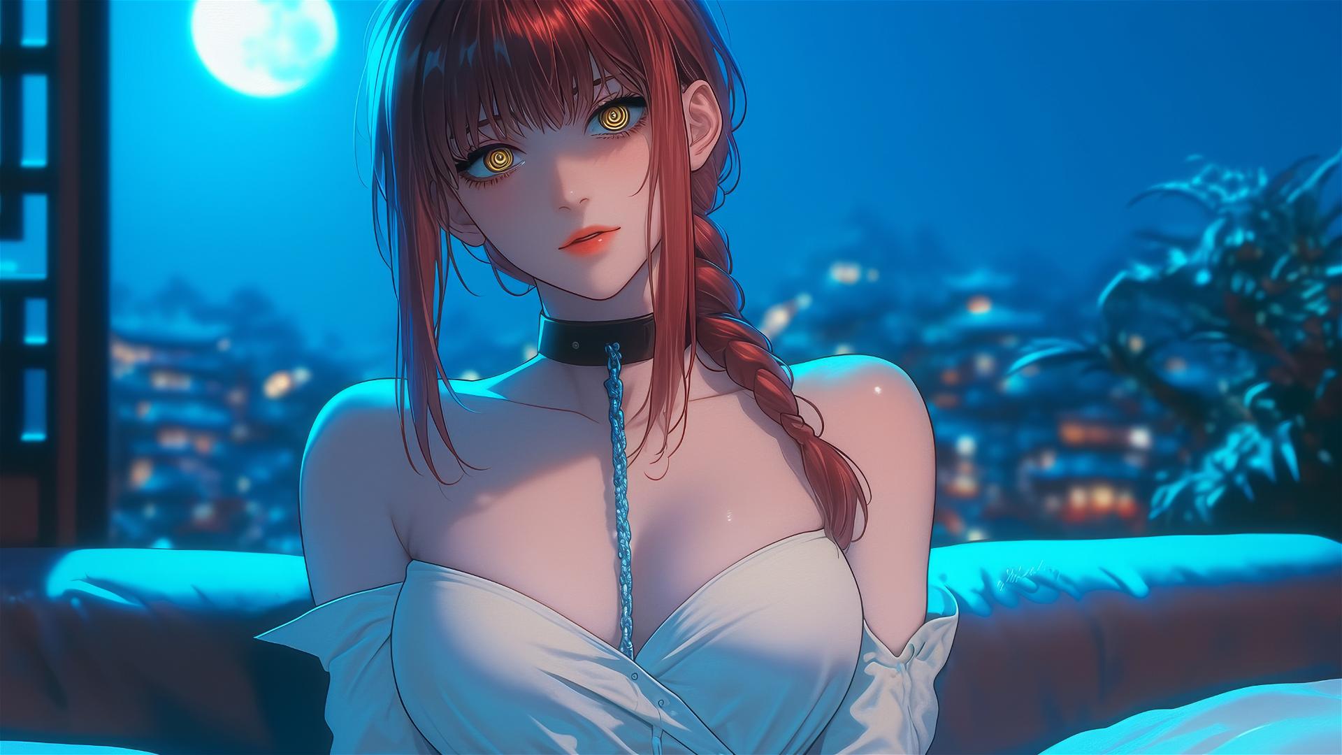 Makima from Chainsaw Man with chains, resting at a hotel room by moonlight.