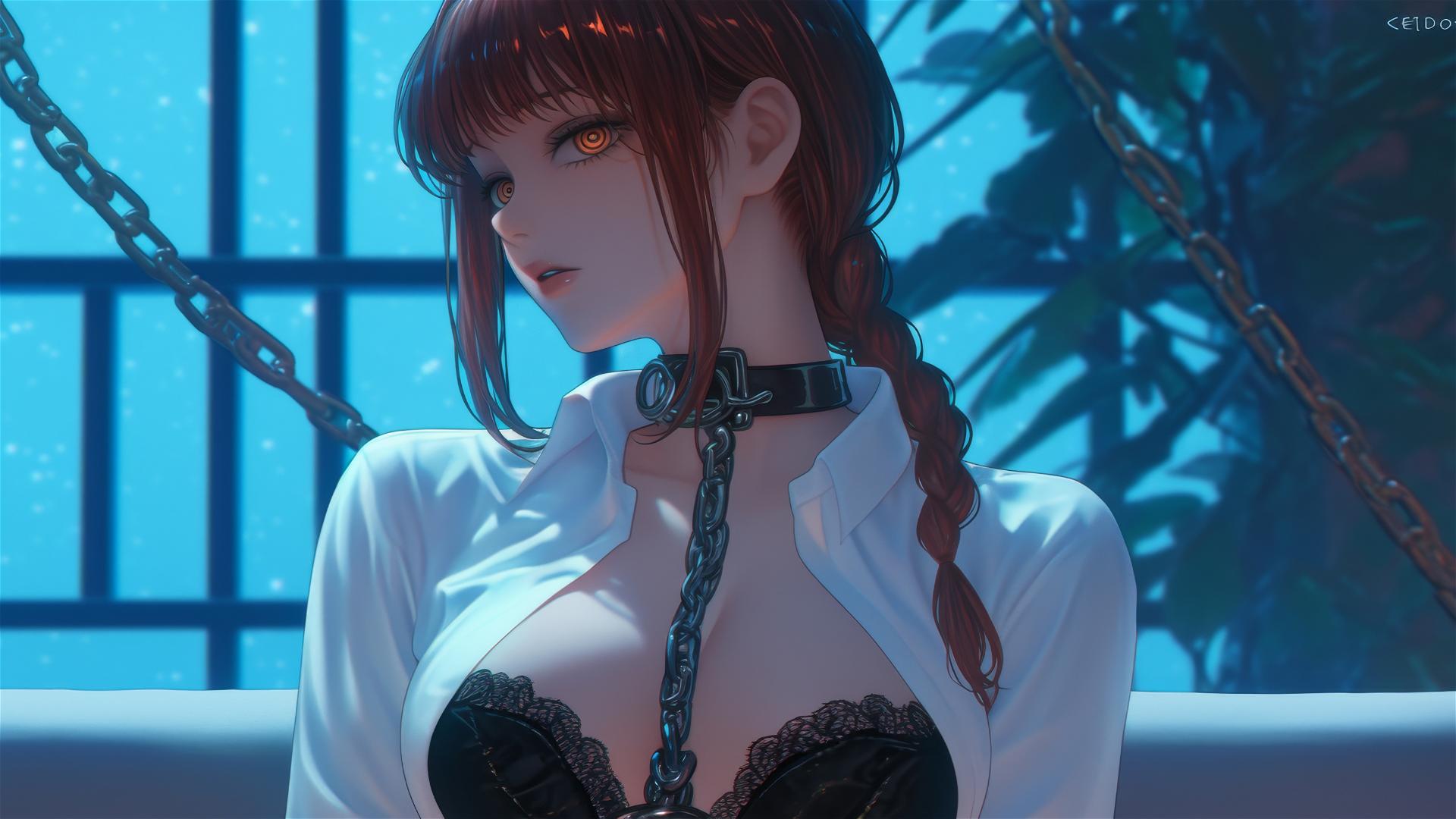 Makima from Chainsaw Man with neck locked in thick iron chains, moonlit at a hotel.