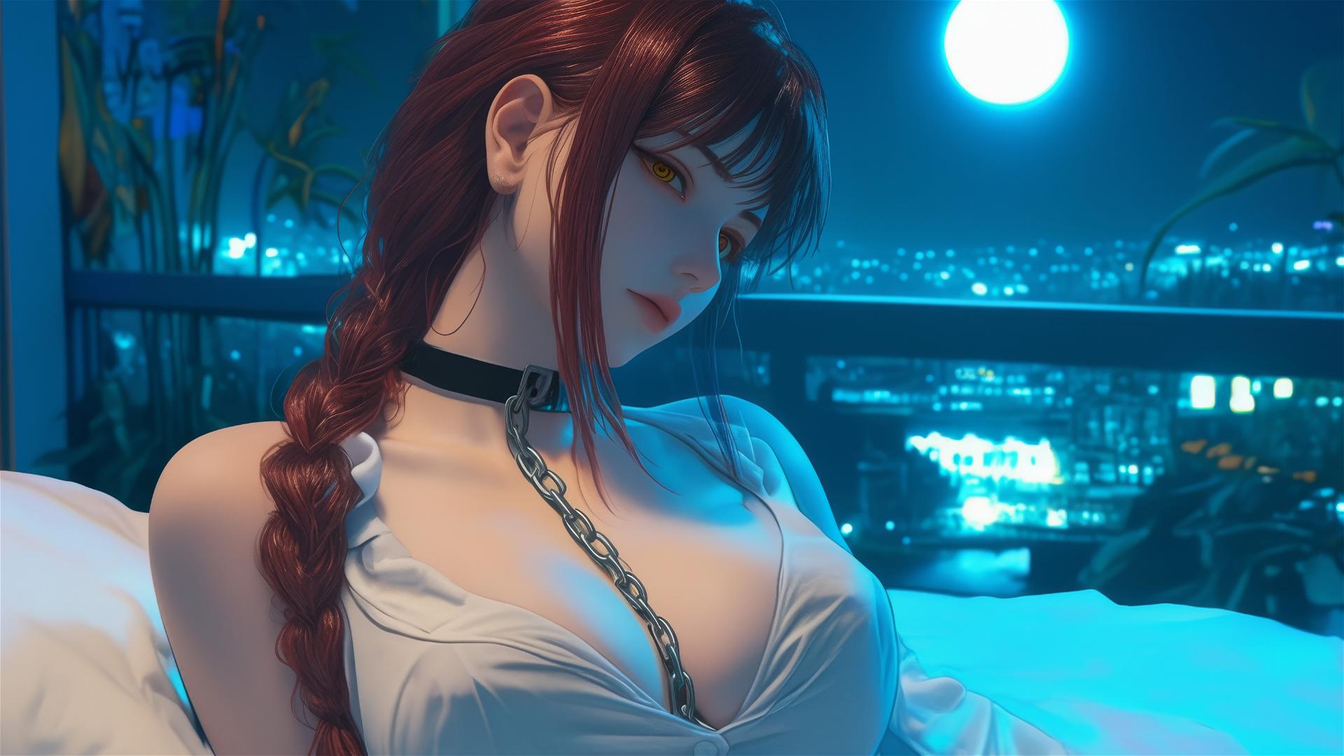 Makima from Chainsaw Man in chains, resting in a modern hotel under moonlight