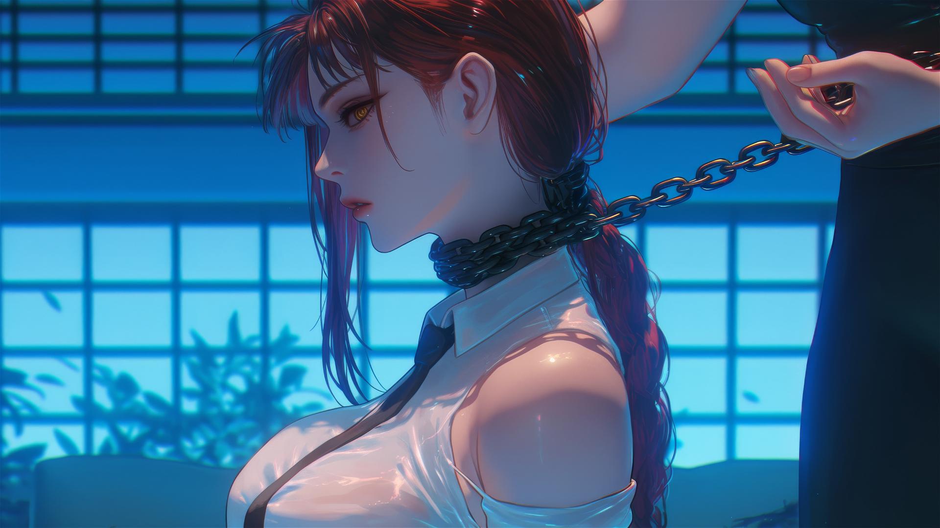 Makima from Chainsaw Man resting in chains, moonlit hotel room
