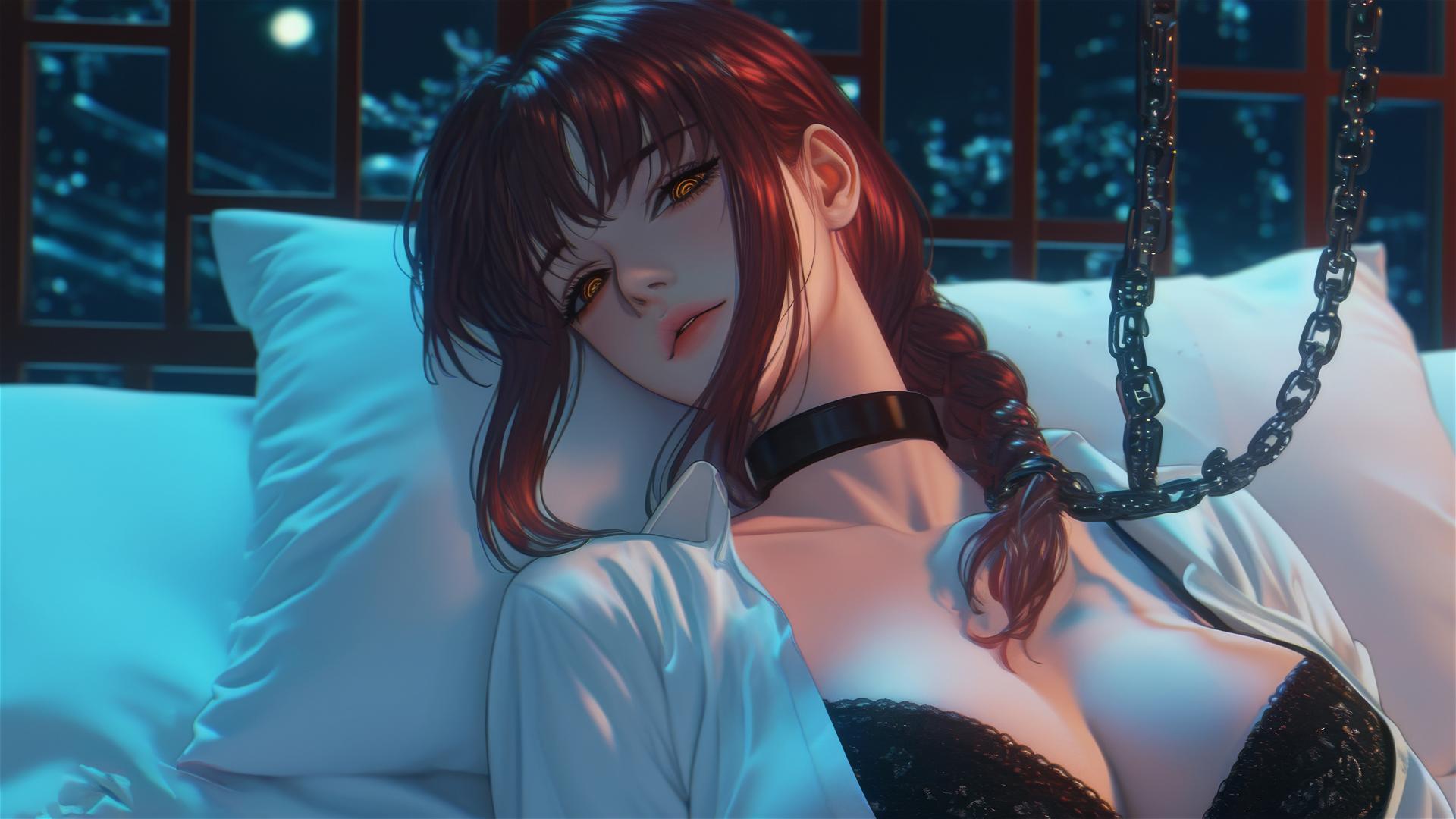 Makima from Chainsaw Man neck locked with iron chains in modern hotel room