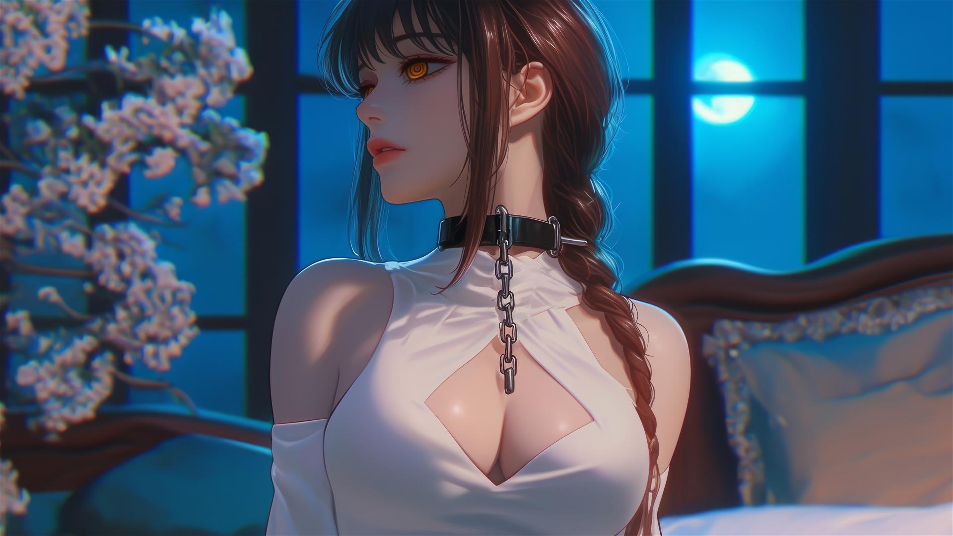 Makima from Chainsaw Man restrained with iron chains in a modern hotel room, illuminated by moonlight