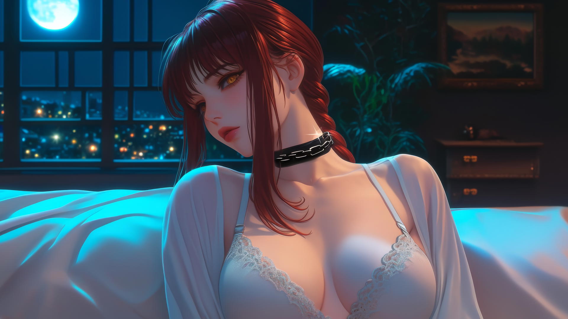 Makima chained in a hotel room under moonlight