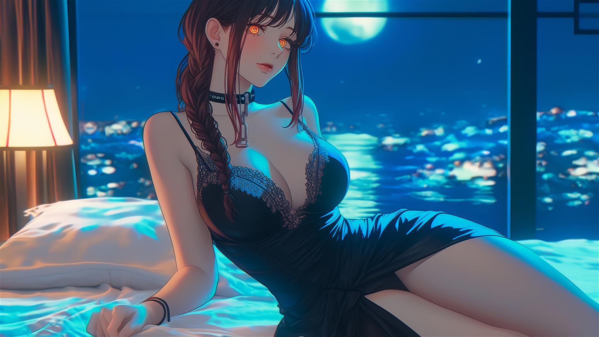 Makima from Chainsaw Man resting in chains in a moonlit hotel room