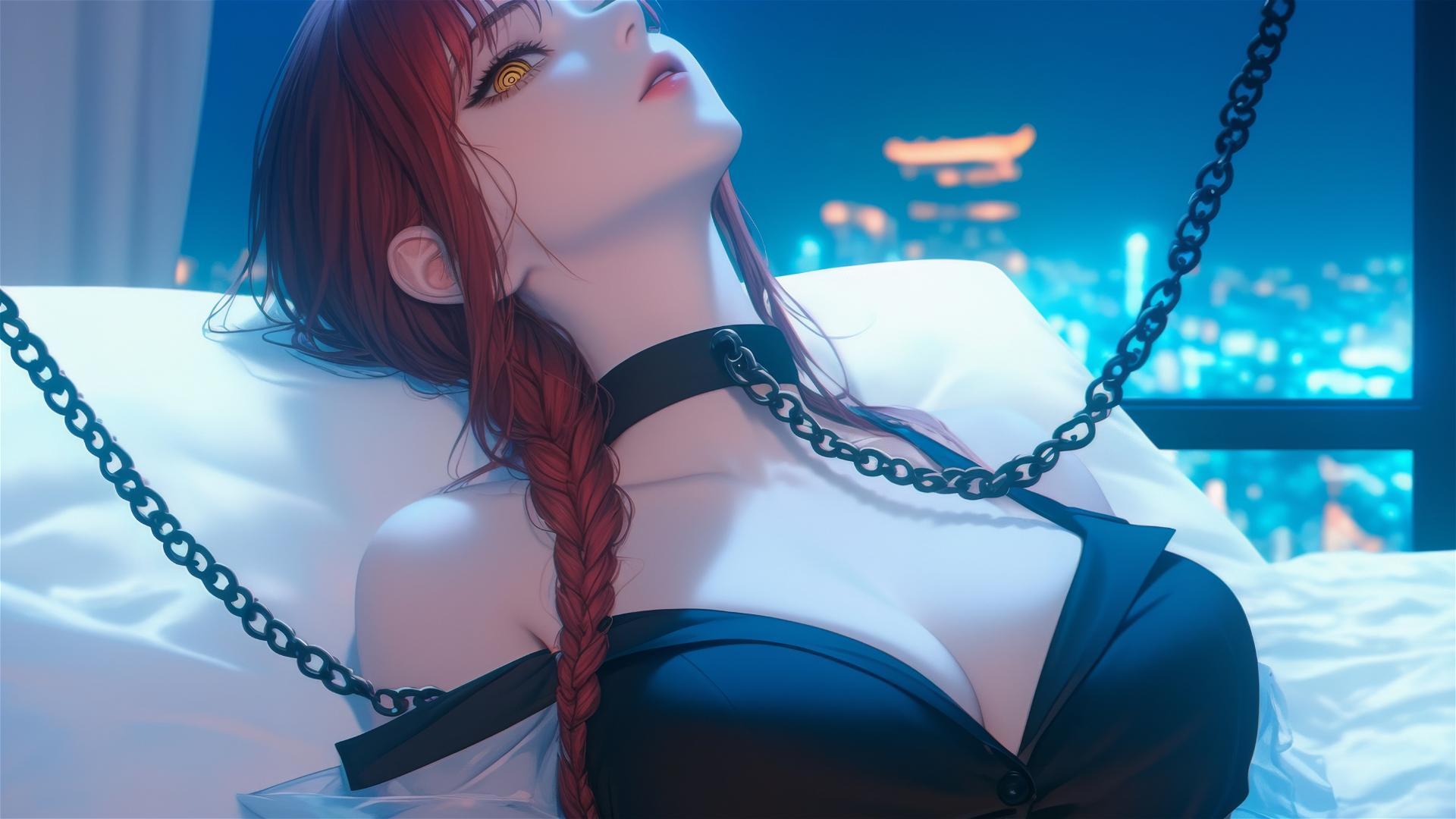 Makima from Chainsaw Man, neck locked with thick iron chains, relaxing in a modern hotel room under moonlight.