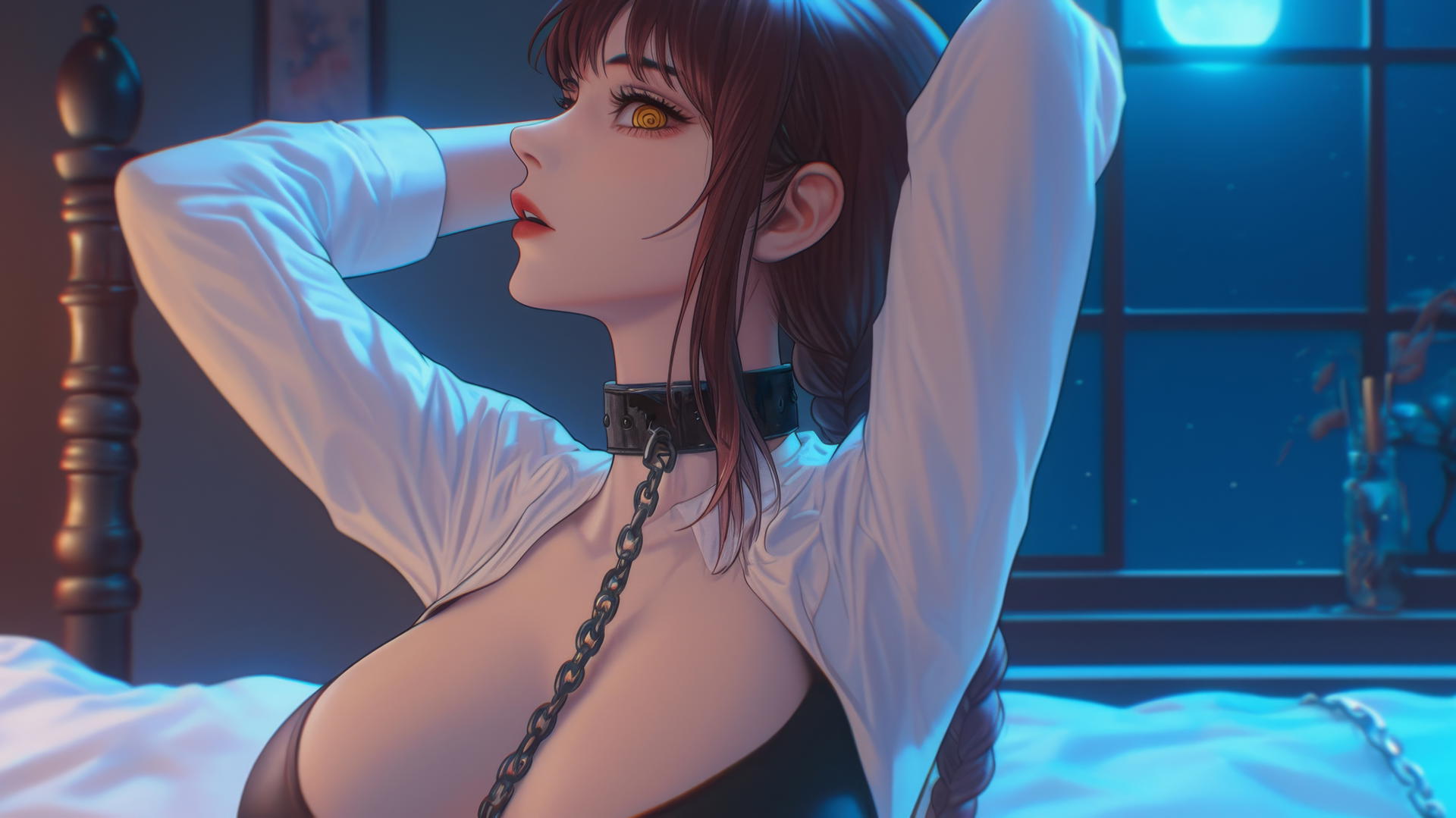 Makima from Chainsaw Man resting in a modern hotel room with iron chains around her neck, illuminated by moonlight.