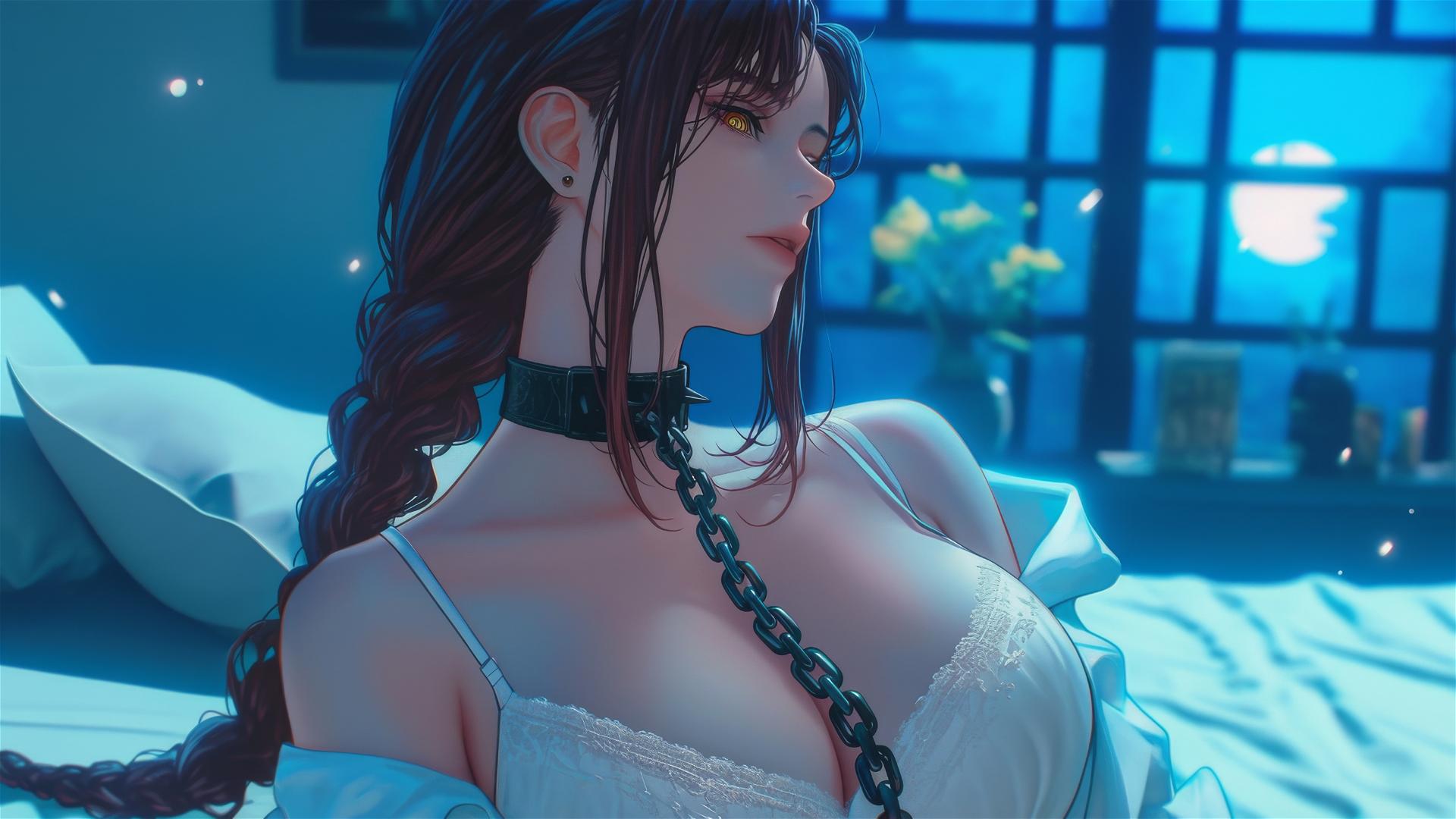 Makima from Chainsaw Man, chained, resting in a moonlit modern hotel room.