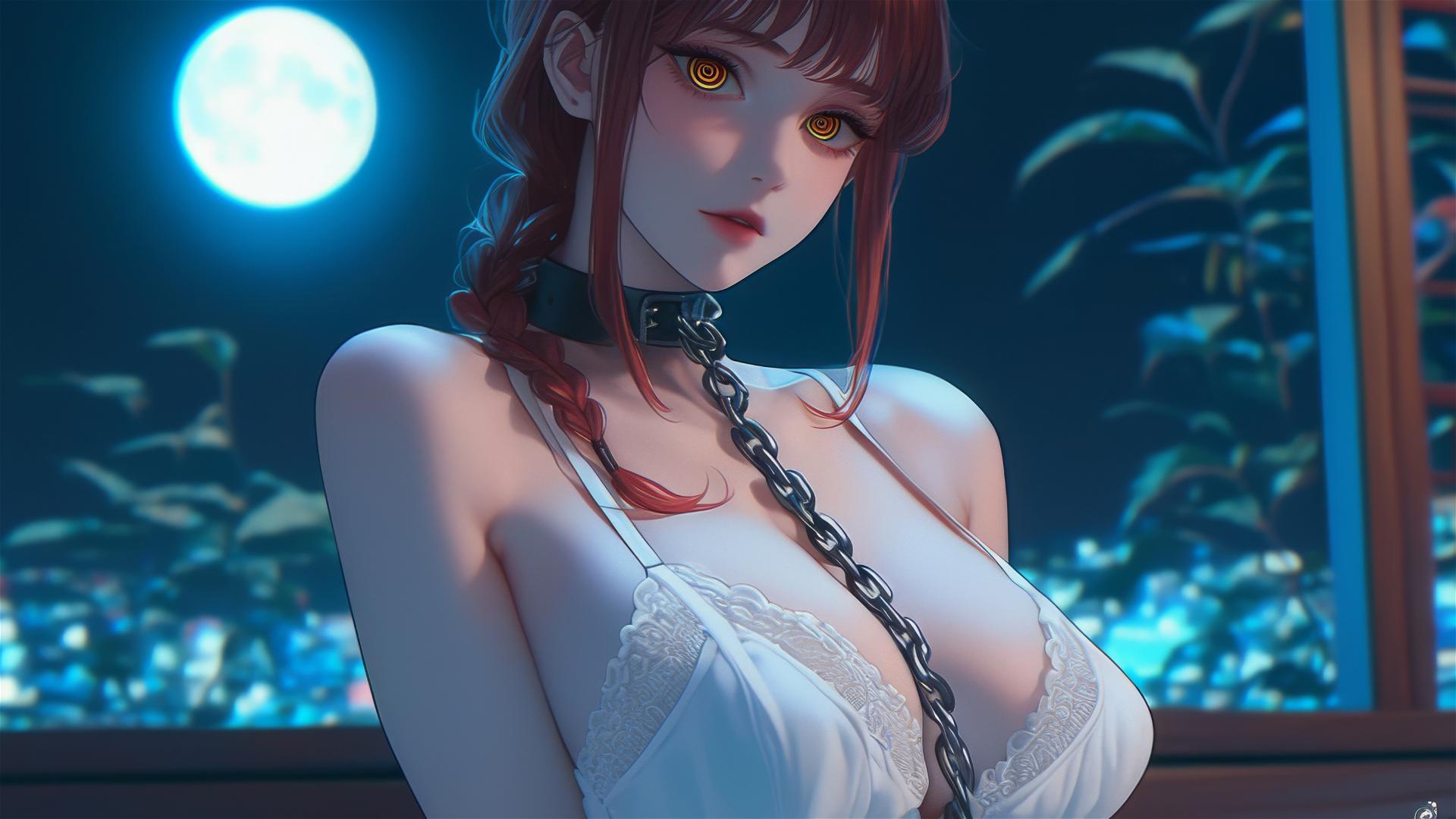 Makima from Chainsaw Man with neck locked in thick iron chains, resting in modern hotel room under moonlight