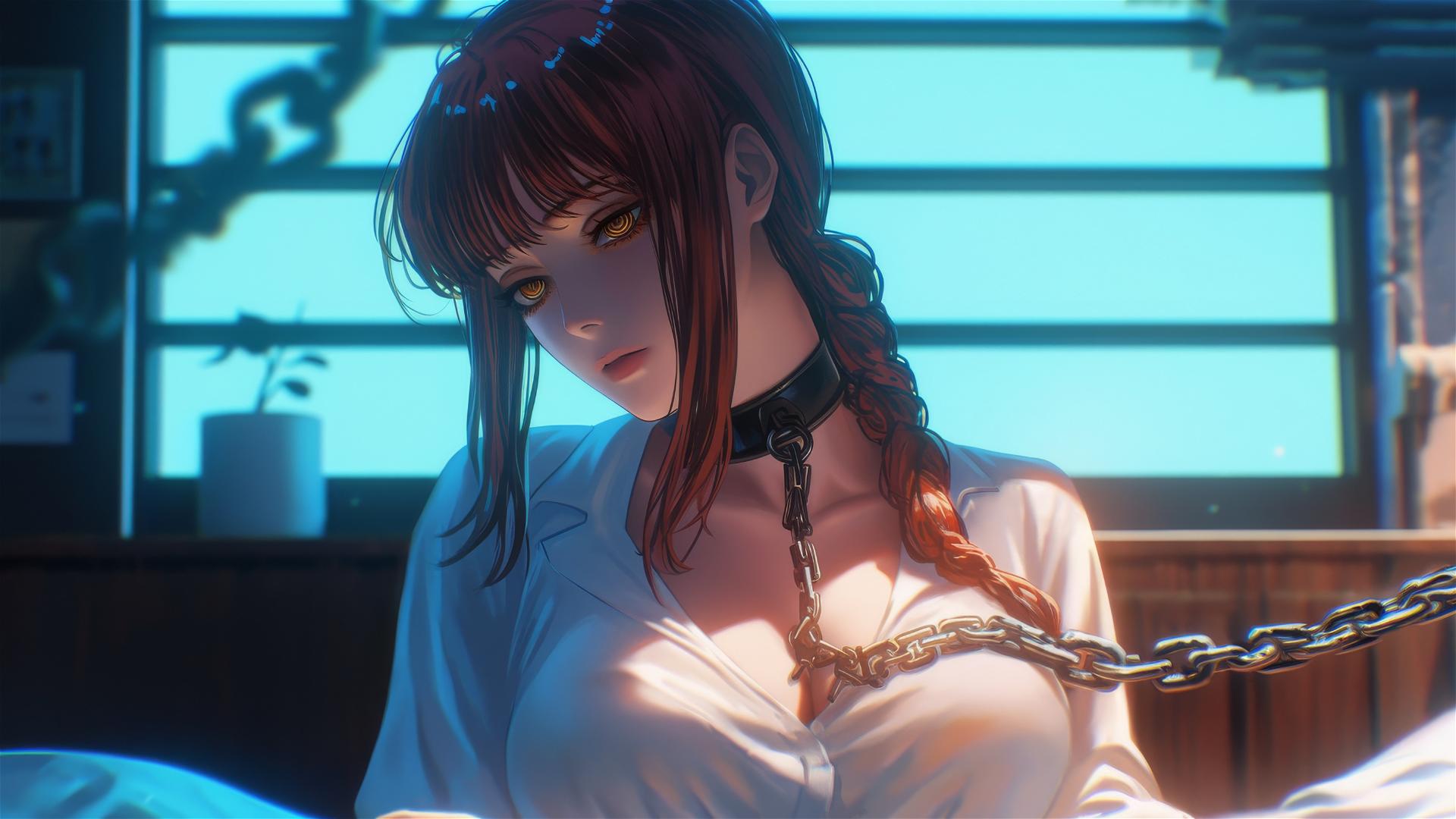 Makima from Chainsaw Man resting in a modern hotel room with thick iron chains, illuminated by moonlight.