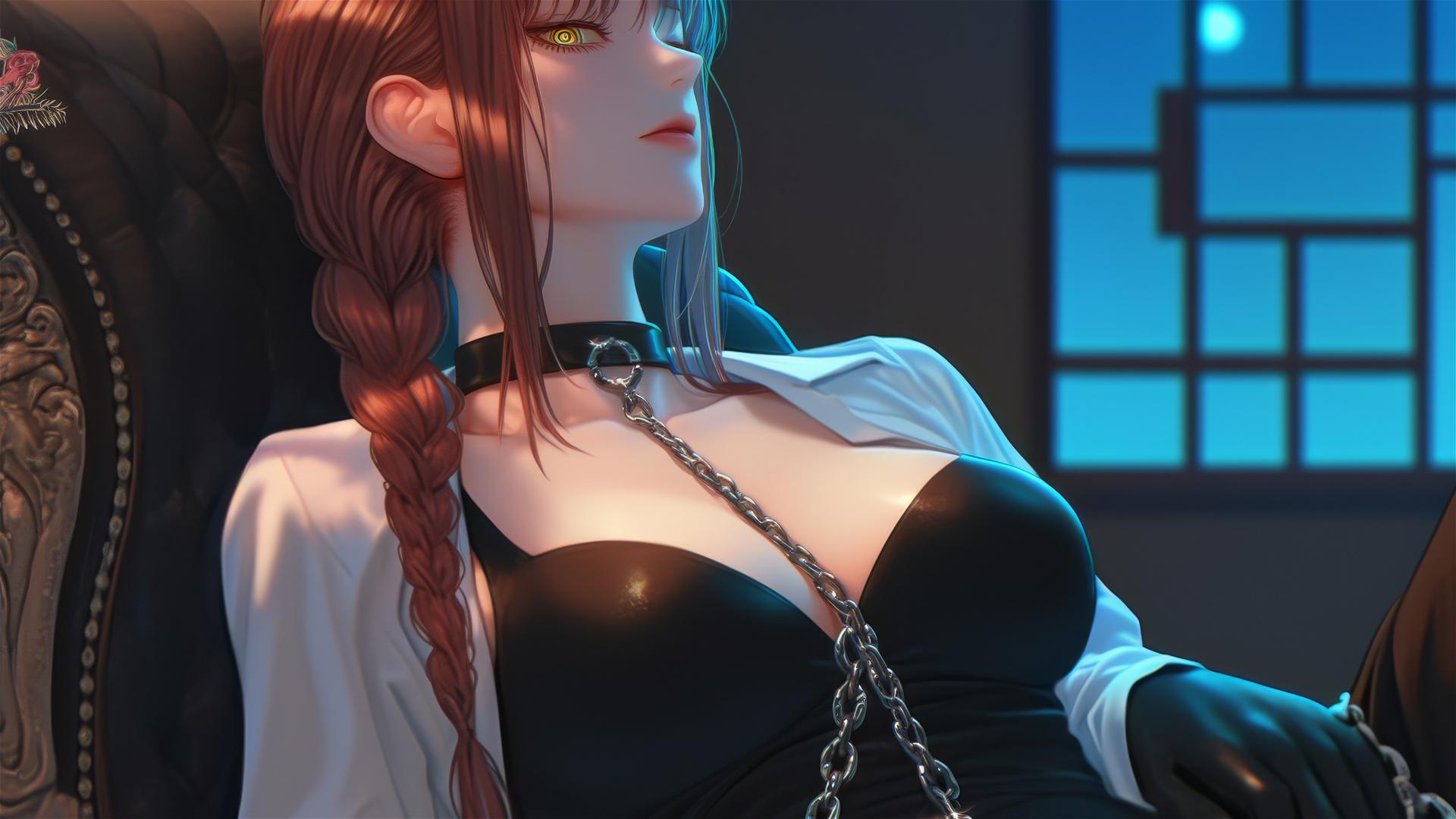 Makima from Chainsaw Man, neck locked with iron chains, resting in hotel room with moonlight glow.