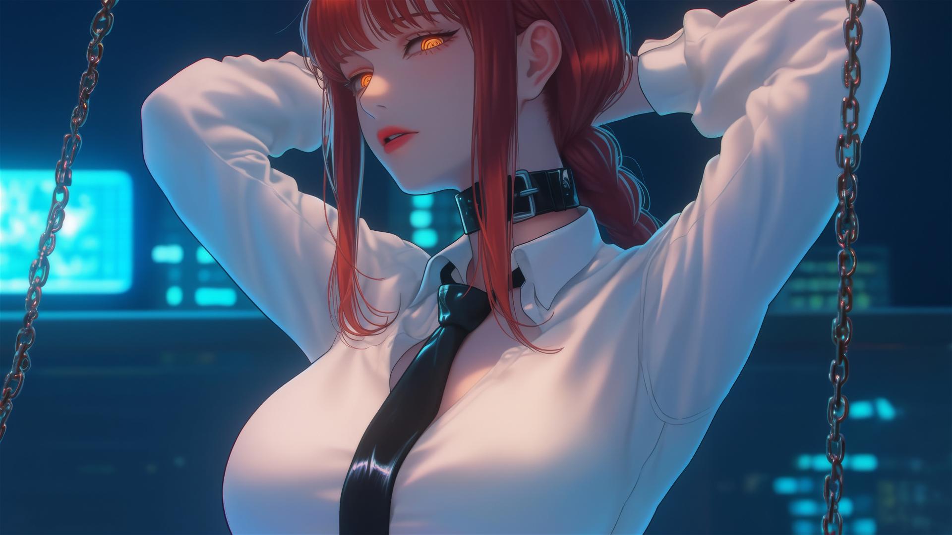 Makima from Chainsaw Man, neck locked with thick iron chains, in modern office, moonlight glow