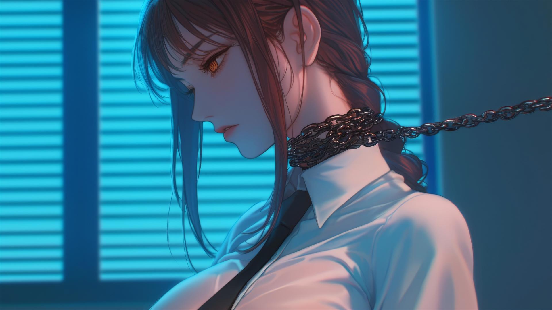 Makima from Chainsaw Man locked with thick iron chains in a modern office with moonlight glow