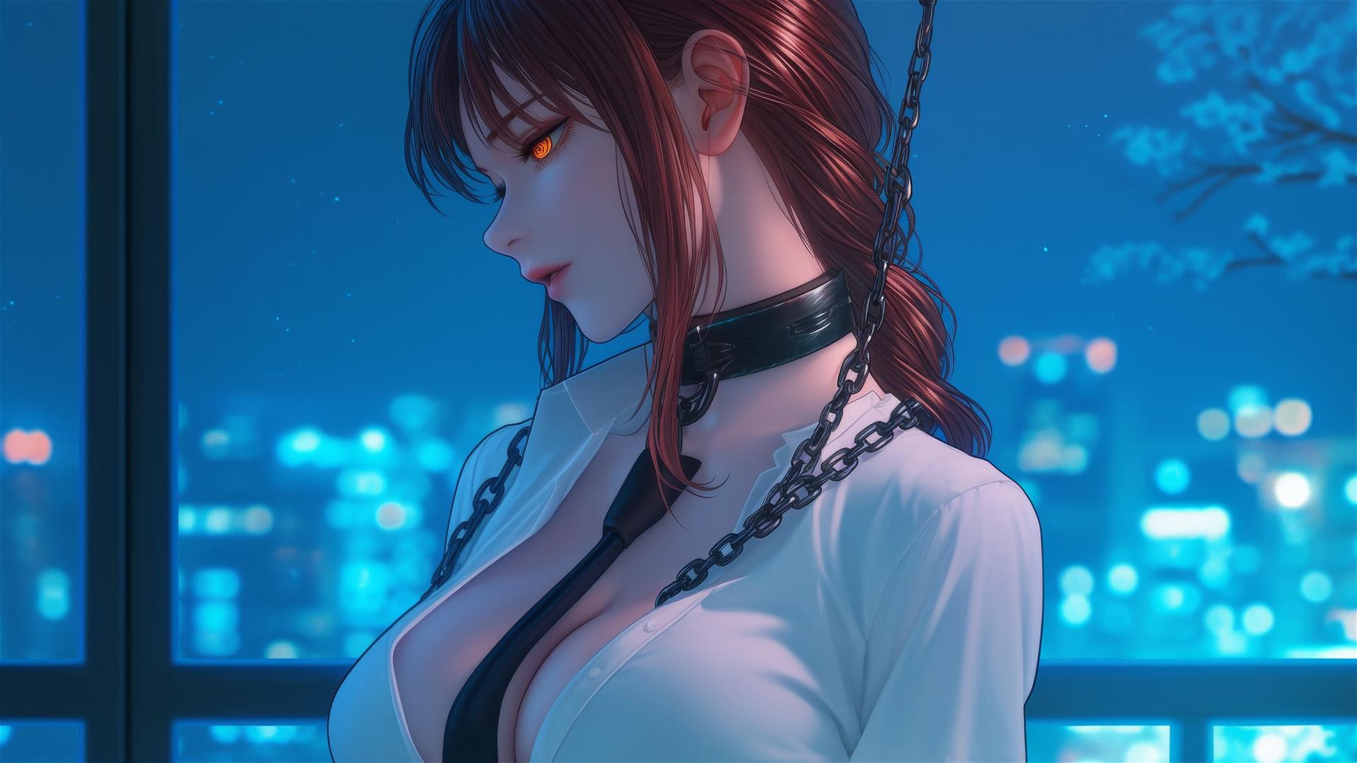 Makima from Chainsaw Man locked with thick iron chains in a modern office, moonlight glow