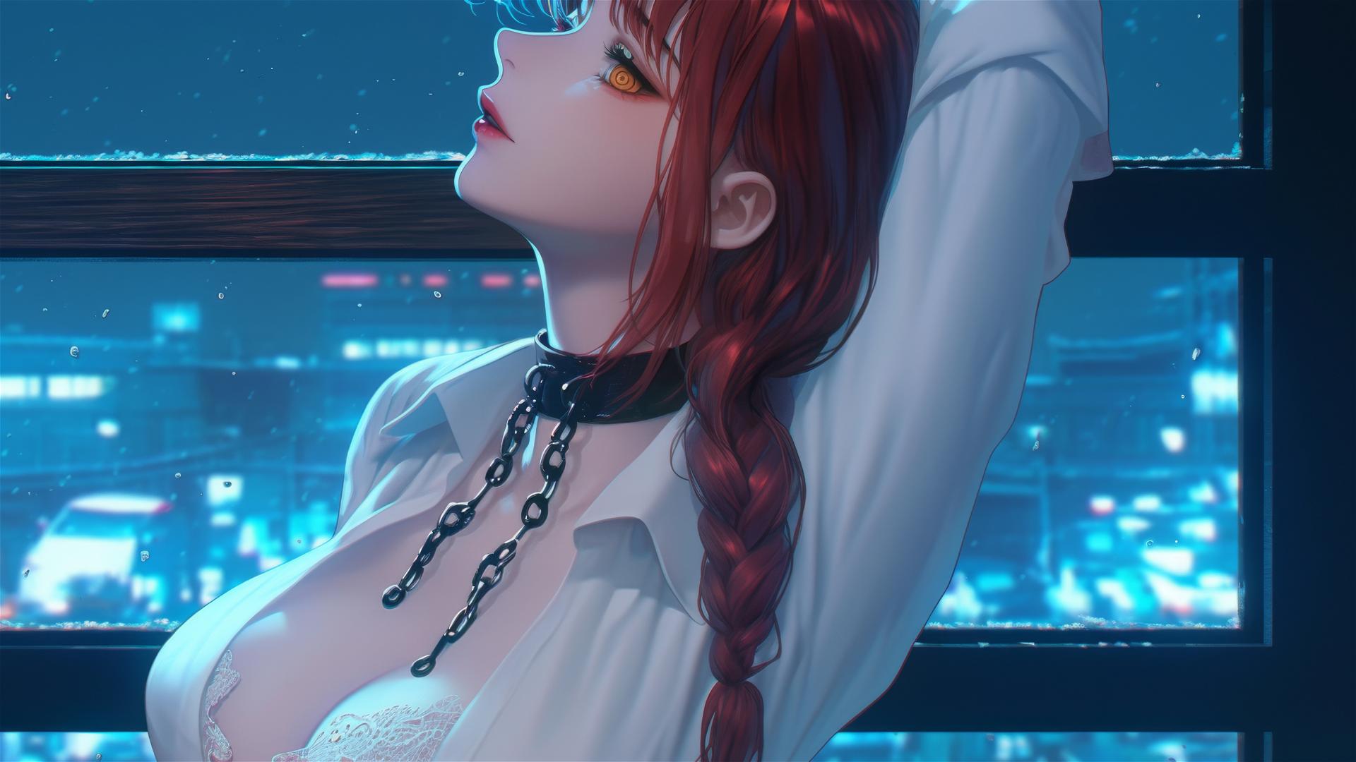 Makima from Chainsaw Man with iron chains in office under moonlight