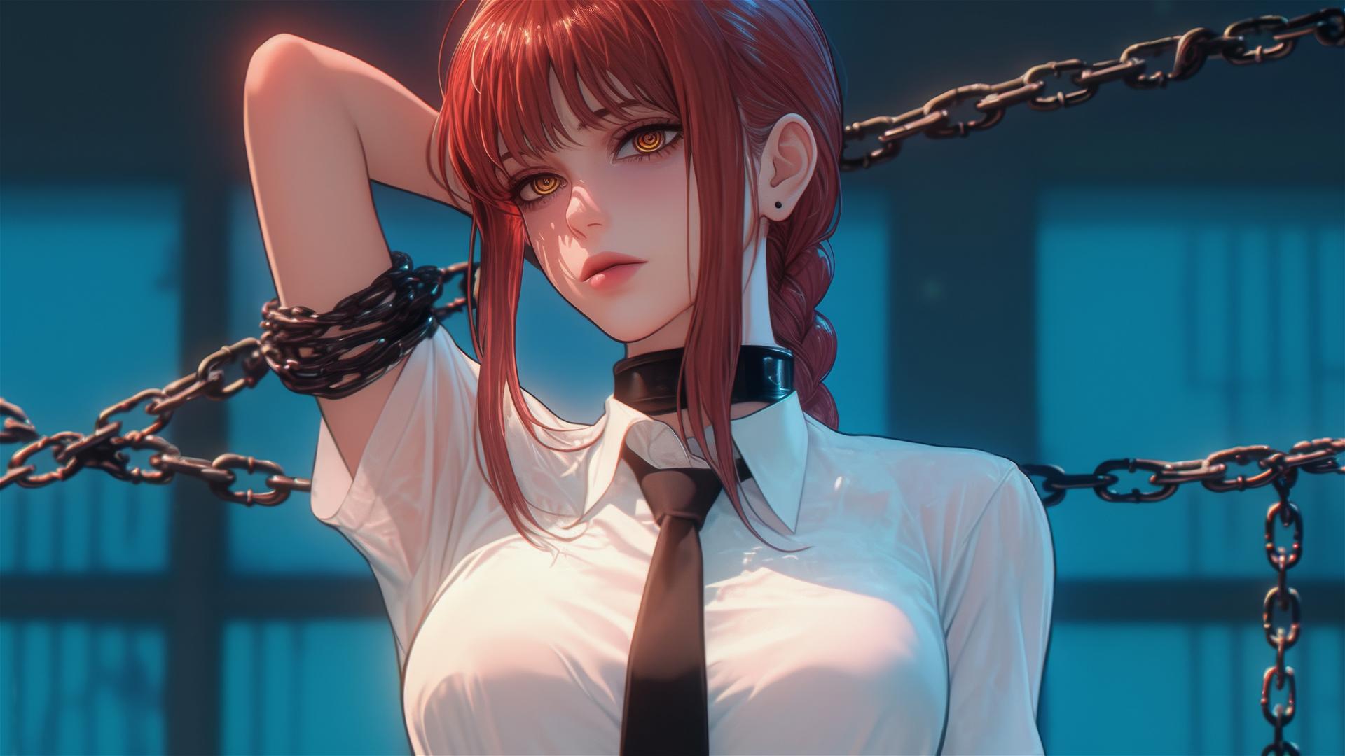 Makima from Chainsaw Man, locked with thick iron chains in a modern office, moonlight glow