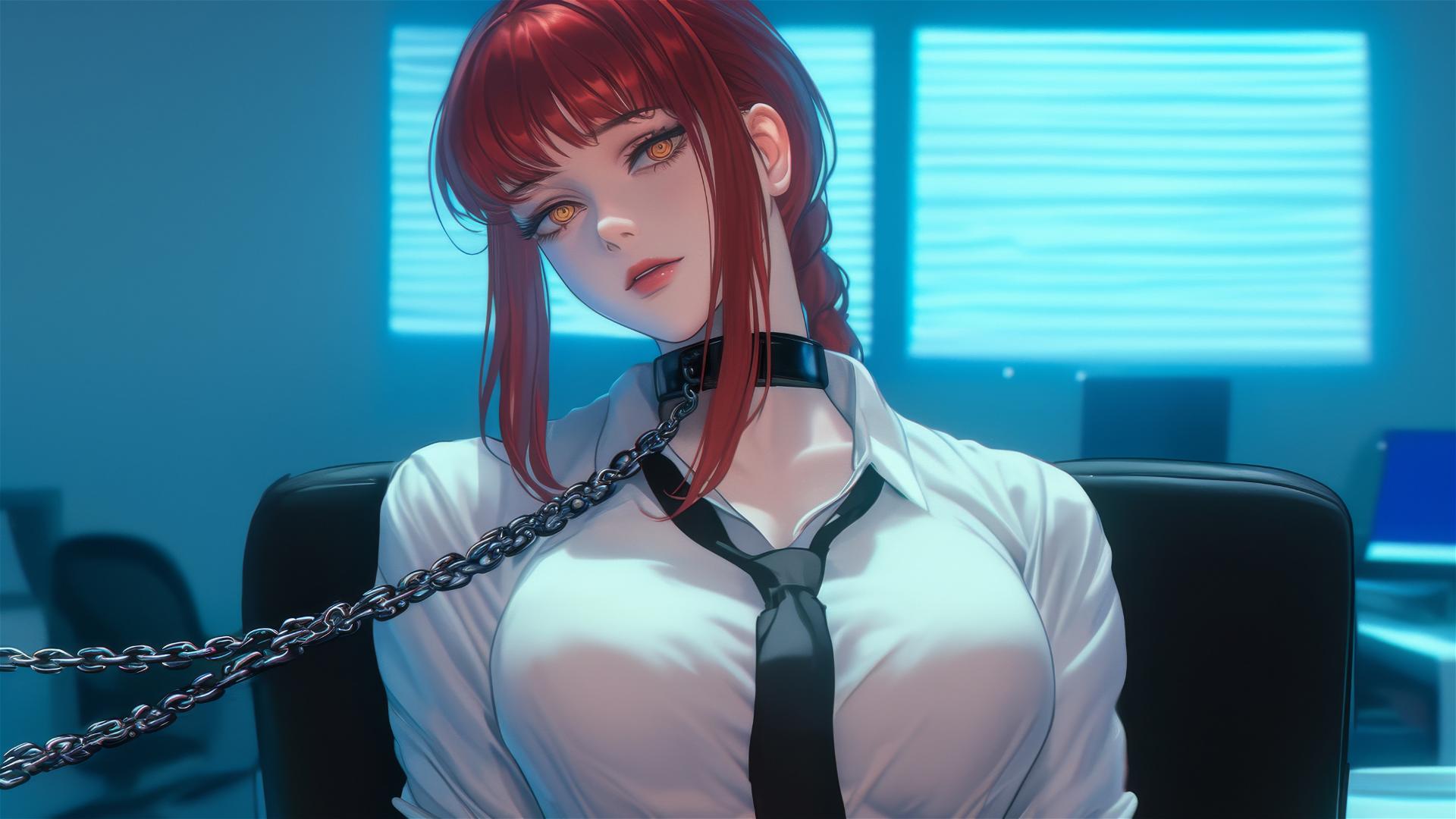 Makima bound with iron chains in a modern office under moonlight