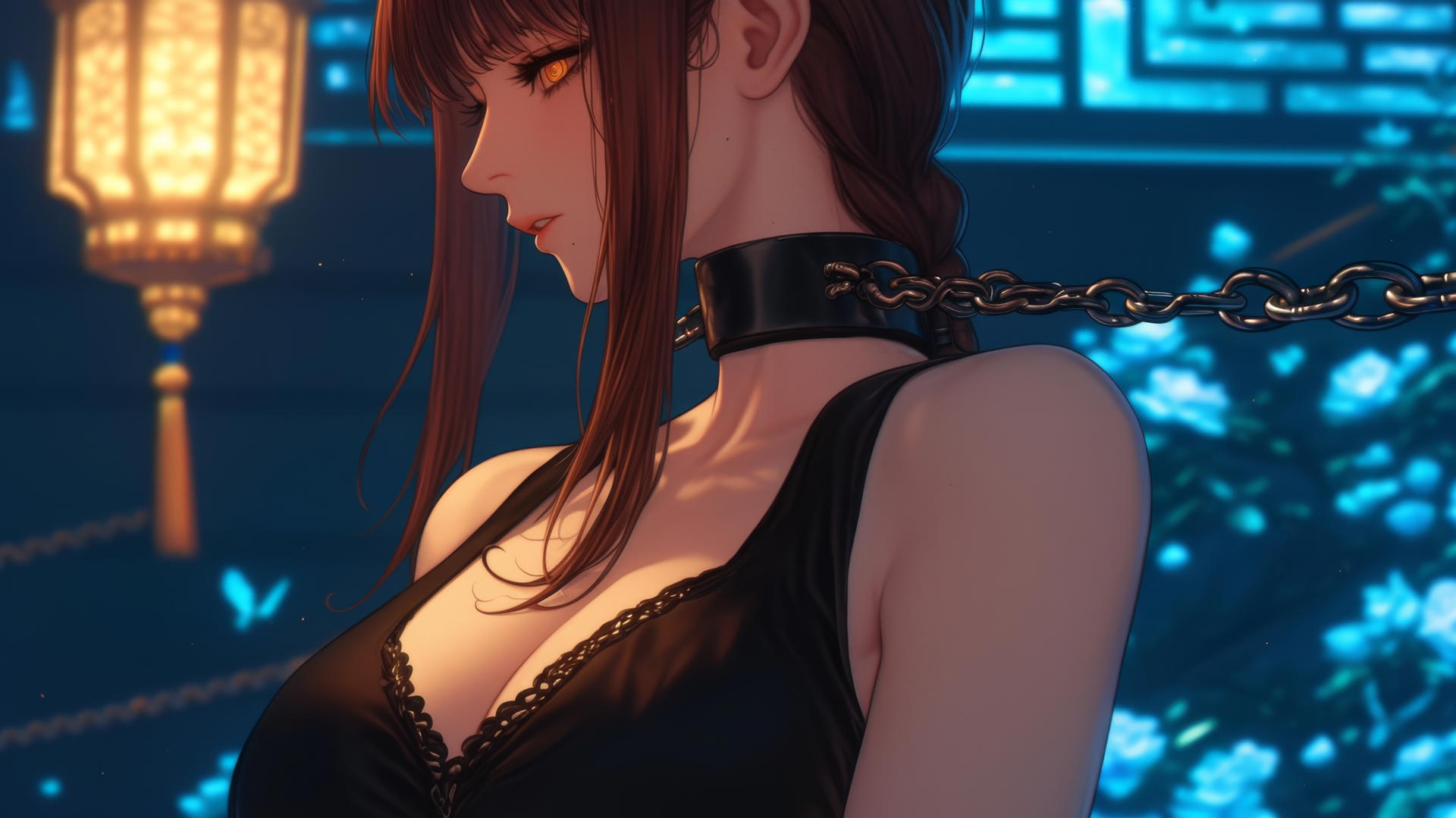 Makima from Chainsaw Man, neck locked with iron chains in dimly lit stairwell
