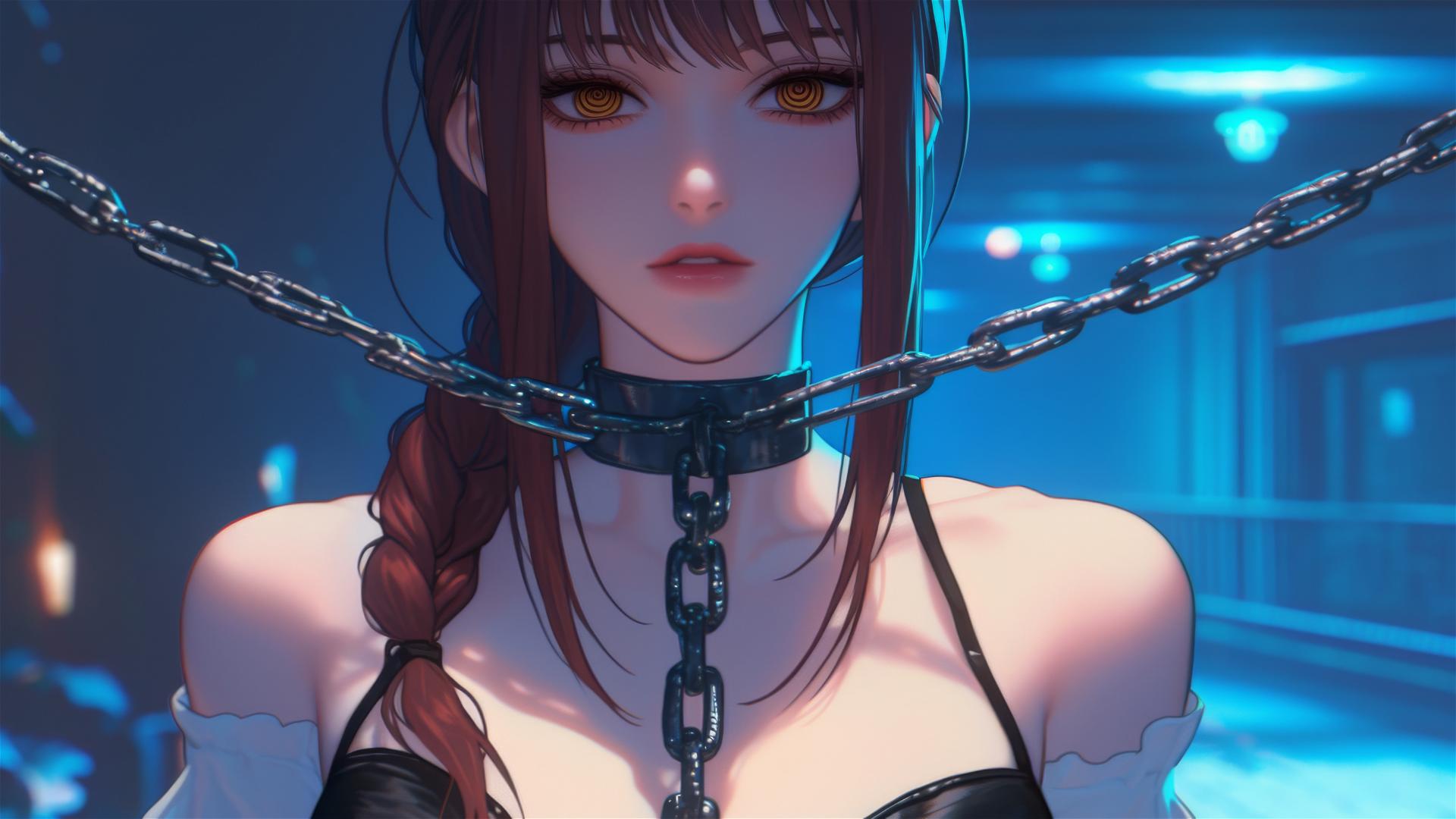 Makima from Chainsaw Man locked in iron chains in a dim stairwell