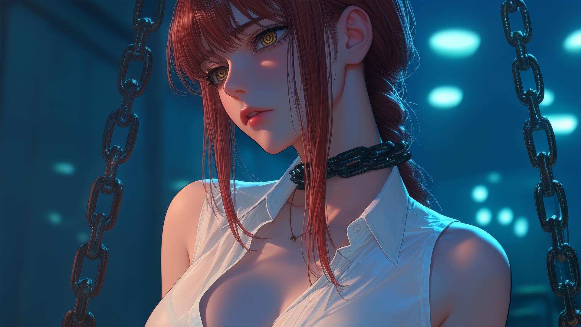 Makima from Chainsaw Man, neck locked with thick iron chains, dimly lit basement.
