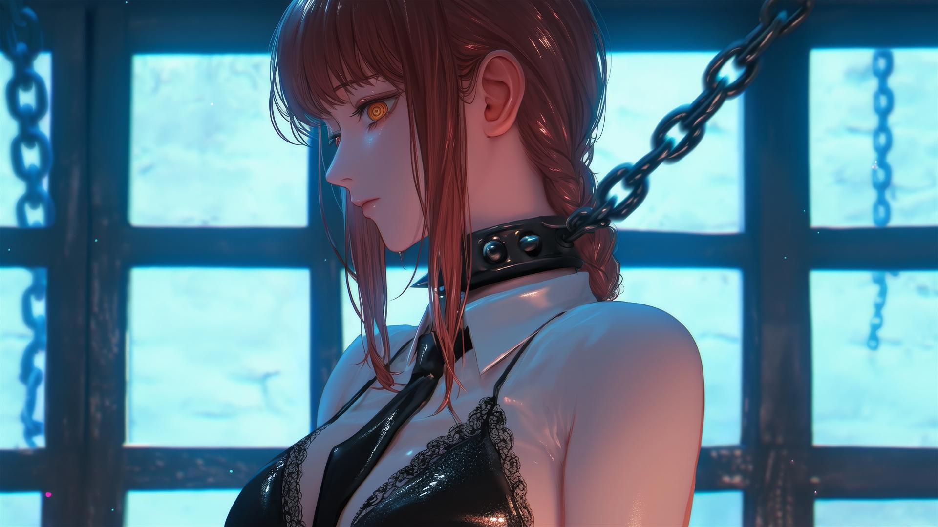 Makima from Chainsaw Man, locked with iron chains in a dark basement, dim light.