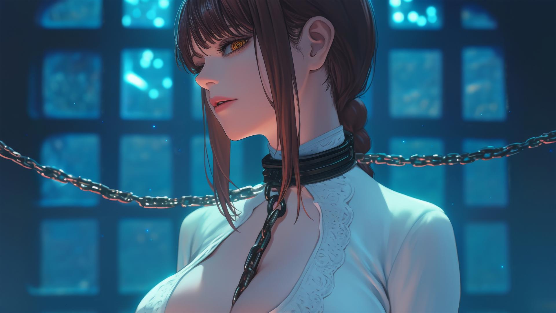 Makima from Chainsaw Man with thick iron chains in a dimly lit basement.