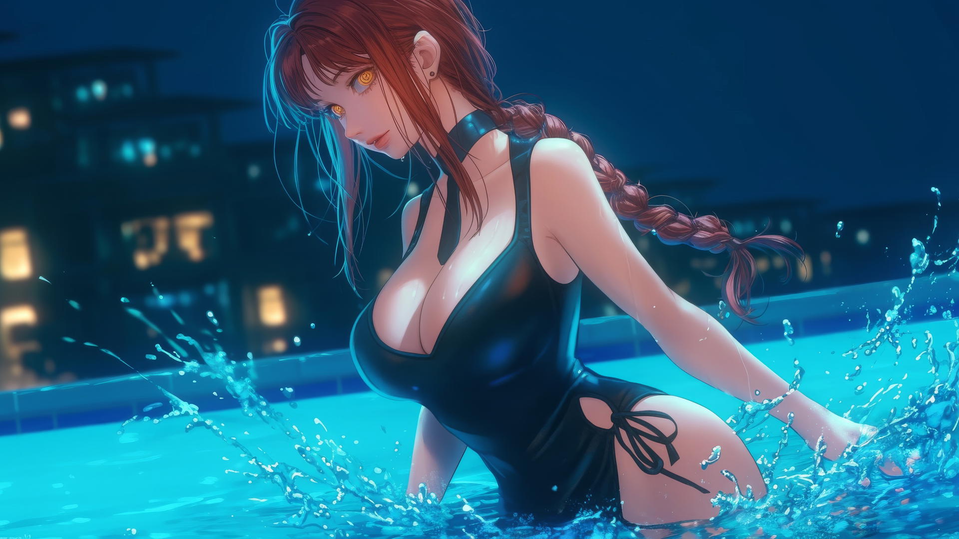 Makima from Chainsaw Man jumping out of a tub with moonlight glow
