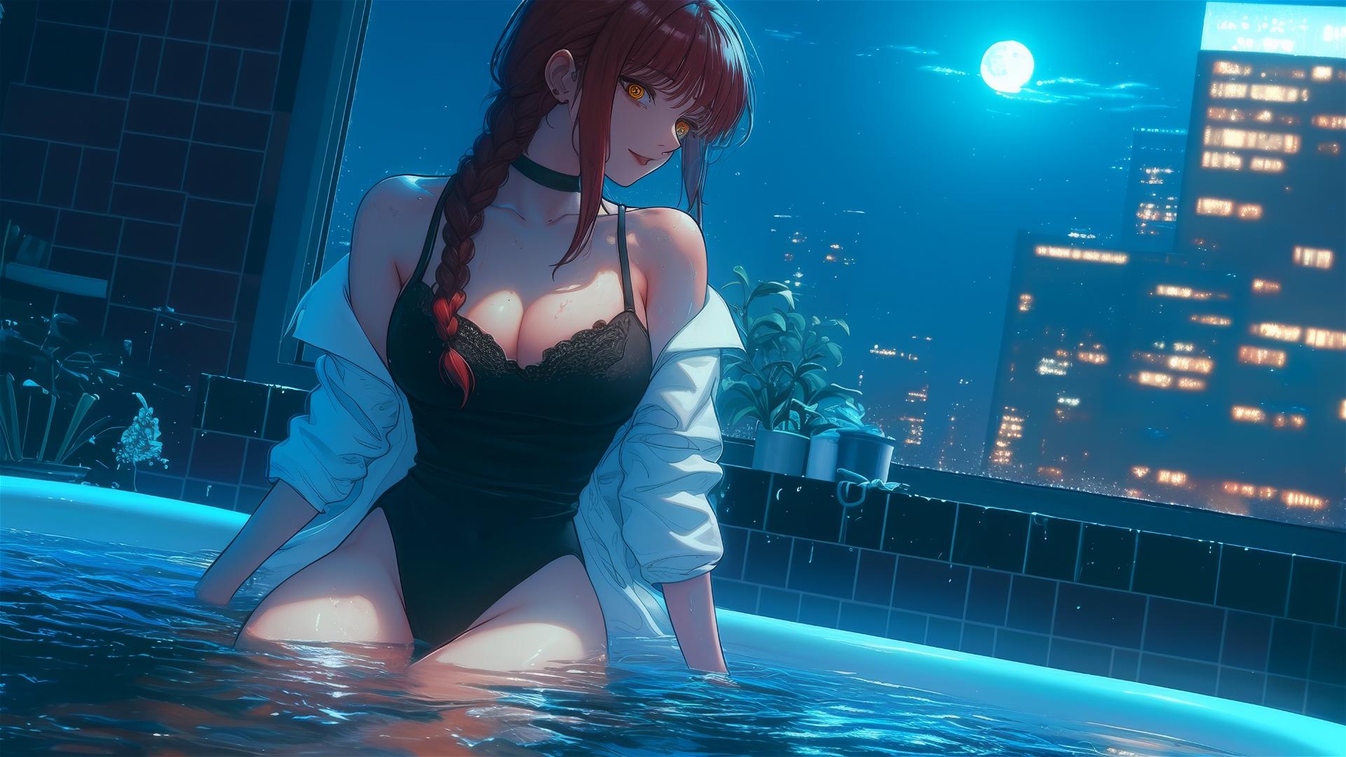 Makima from Chainsaw Man jumping out of a tub in moonlight.